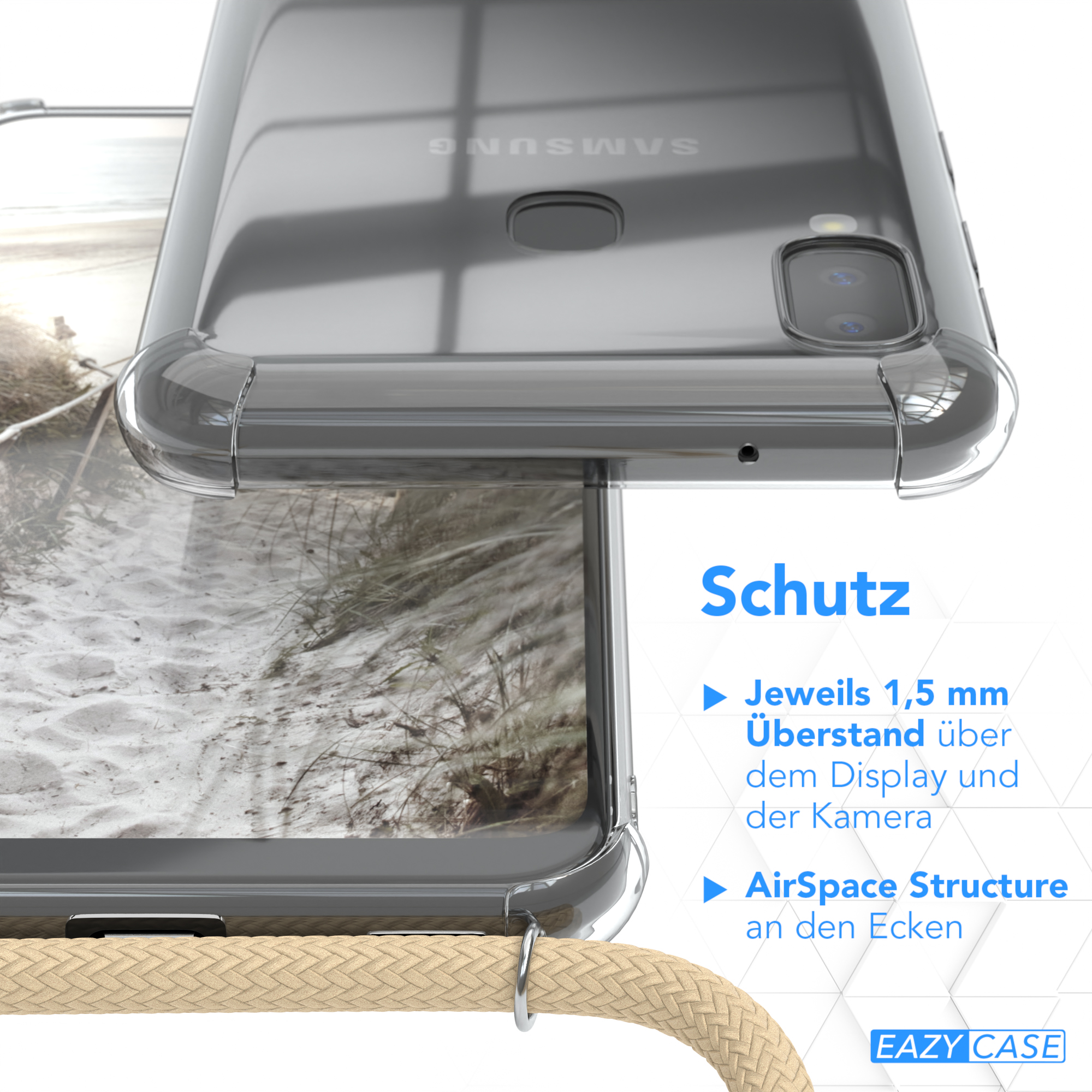 Transparente Handyhülle mit Text. Zeigt den Rand des Telefons mit geflochtenem Kabel.
