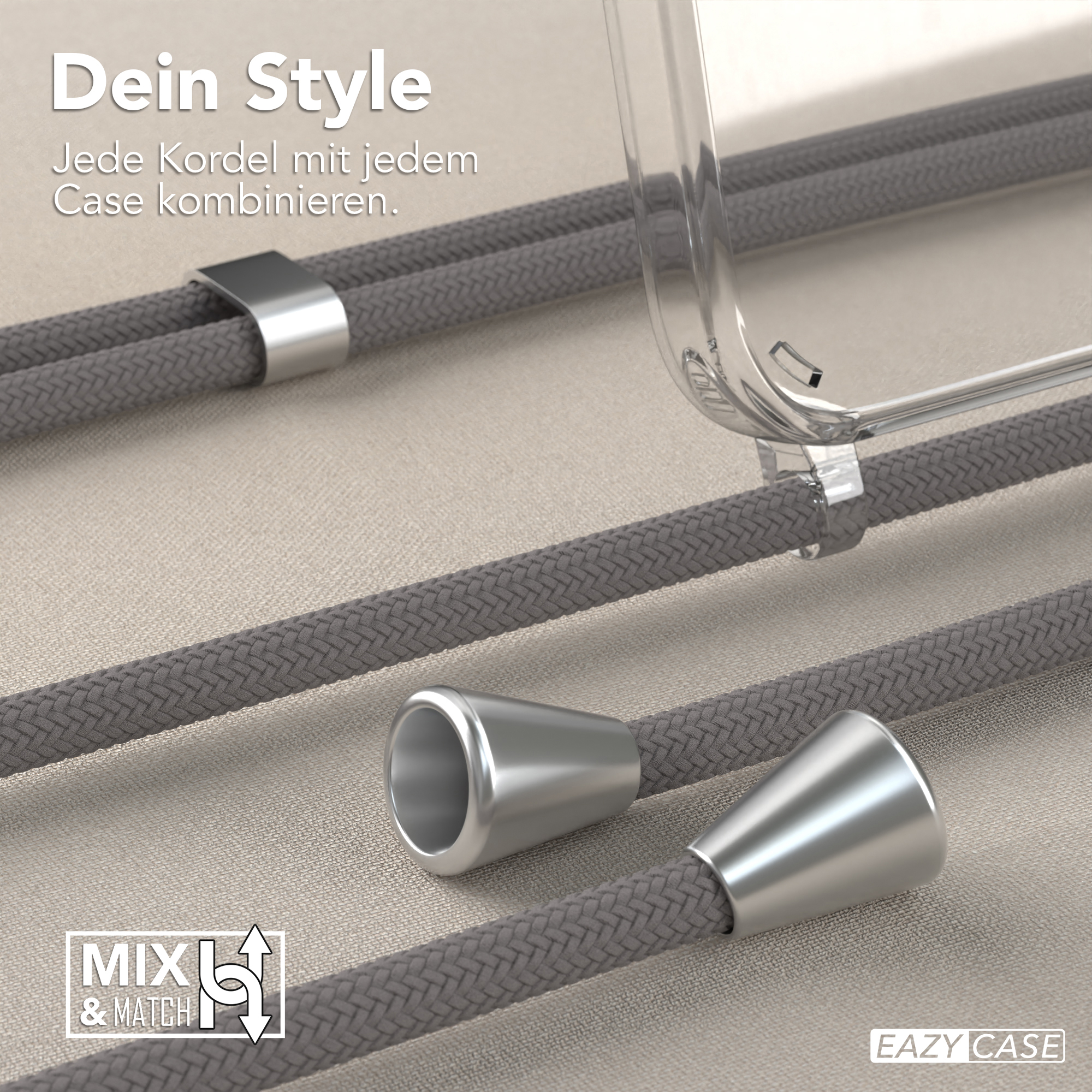 Nahaufnahme von Telefonschnüren mit Metallverbindern. Text: Dein Style. Übersetzung: Dein Style.