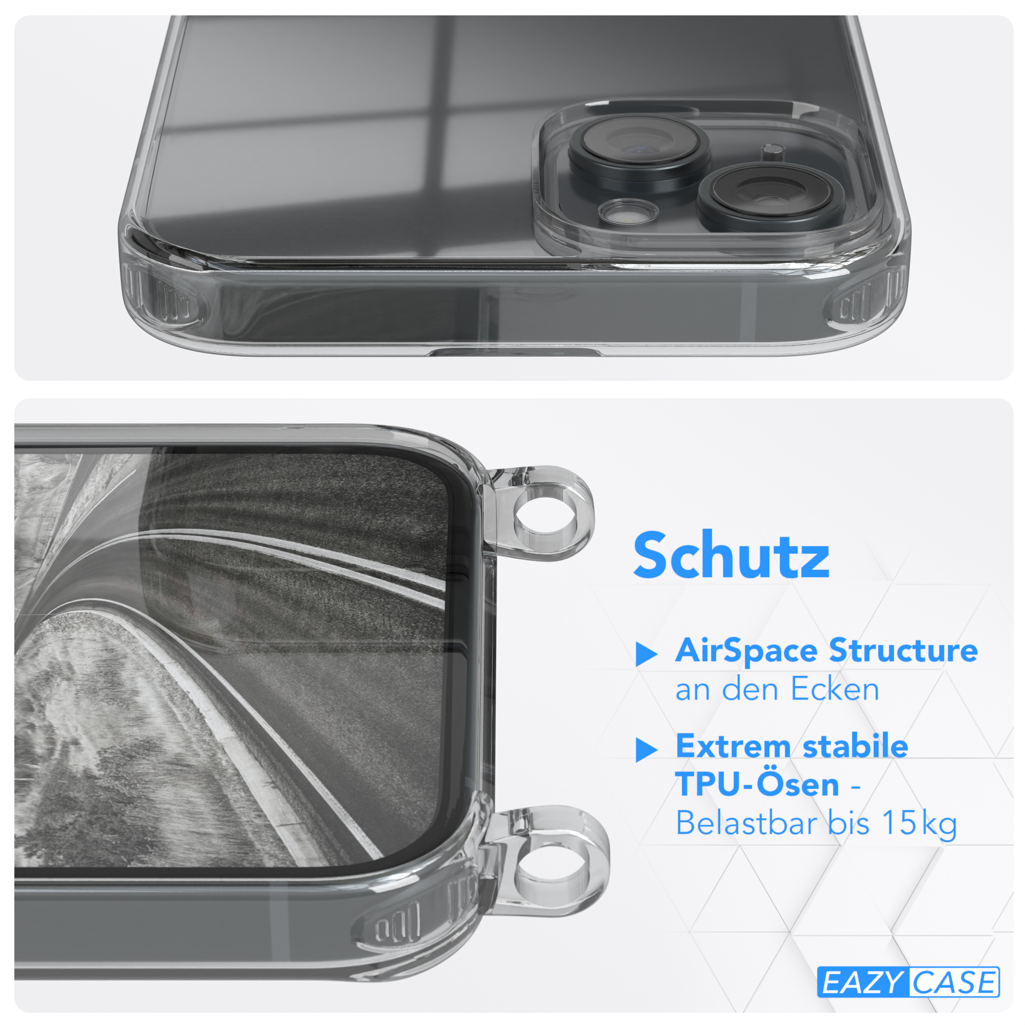 Transparente Handyhülle mit Schutzdetails. Nahaufnahme der Hülle mit Straßenhintergrund.