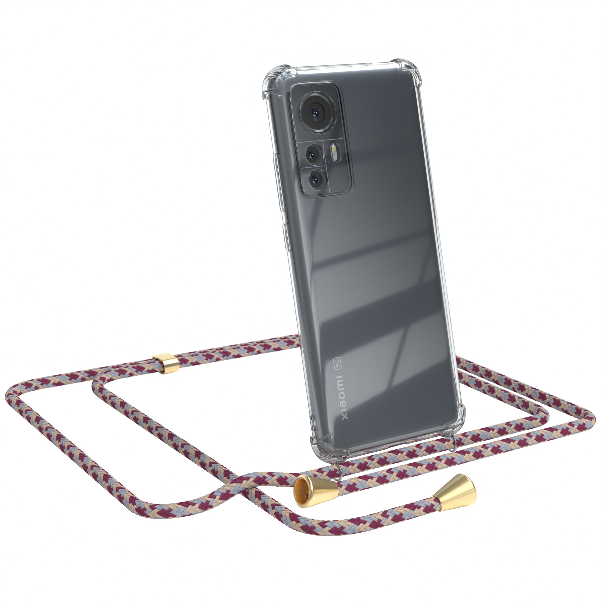 EAZY CASE Clips 12X, Cover Camouflage Xiaomi, mit 12 Umhängetasche, Rot Gold / / Clear Umhängeband, Beige