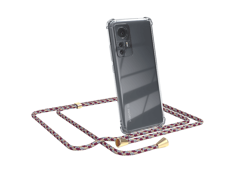 EAZY CASE Clear Cover mit Umhängeband, Umhängetasche, Xiaomi, 12 / 12X, Rot Beige Camouflage / Clips Gold