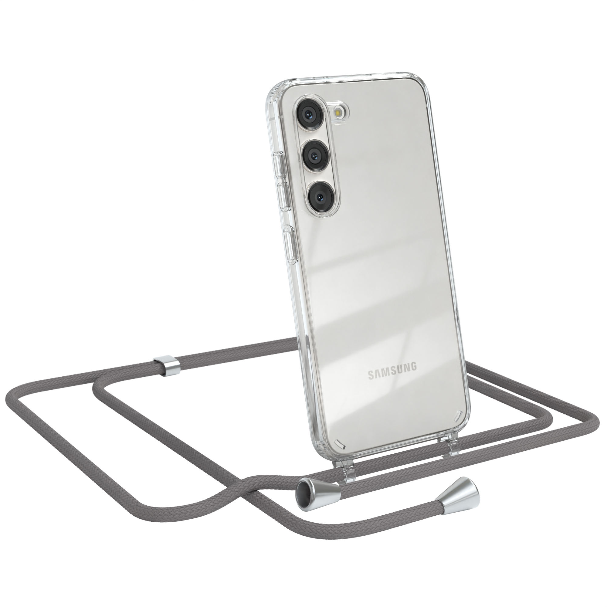 Ein Samsung-Telefon in einer transparenten Hülle mit einem grauen Lanyard.