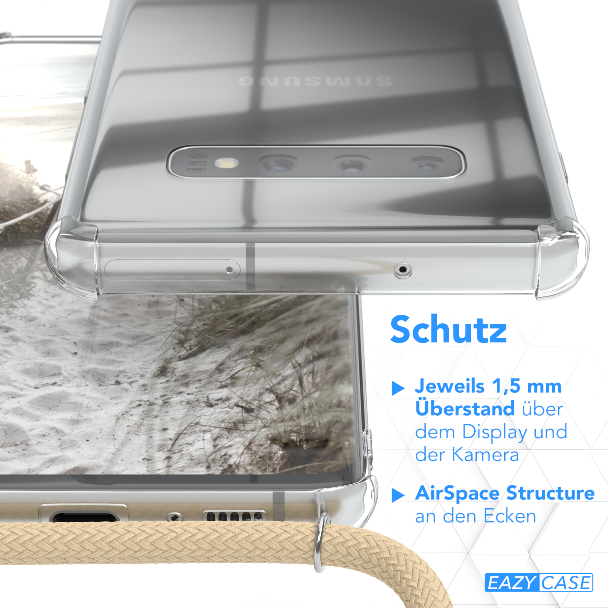 EAZY CASE Clear Cover mit Umhängeband, Umhängetasche, Samsung, Plus, S10 Galaxy Taupe Beige