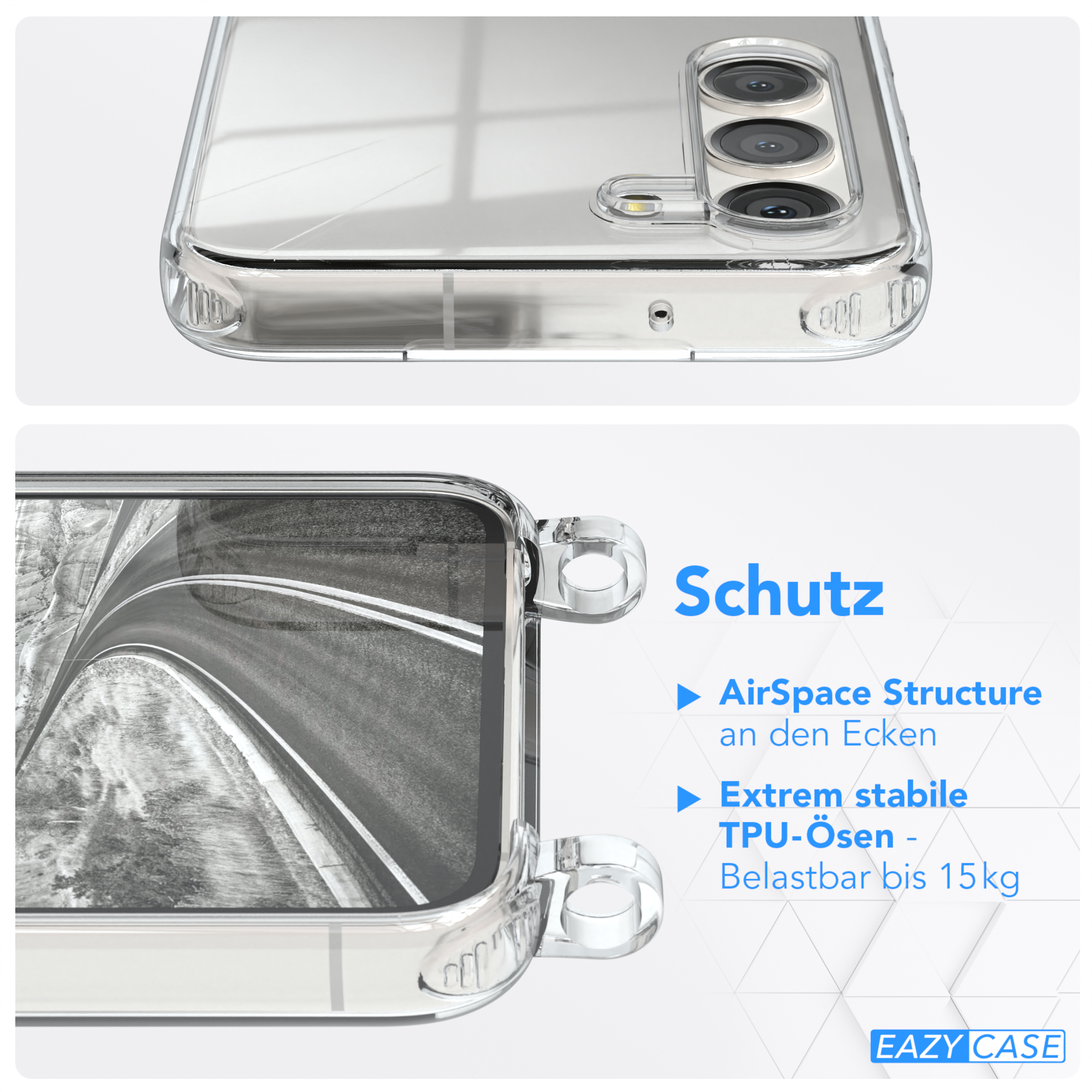 Transparente Handyhülle mit Schutzmerkmalen: AirSpace-Struktur, TPU, 15 kg Belastbarkeit.