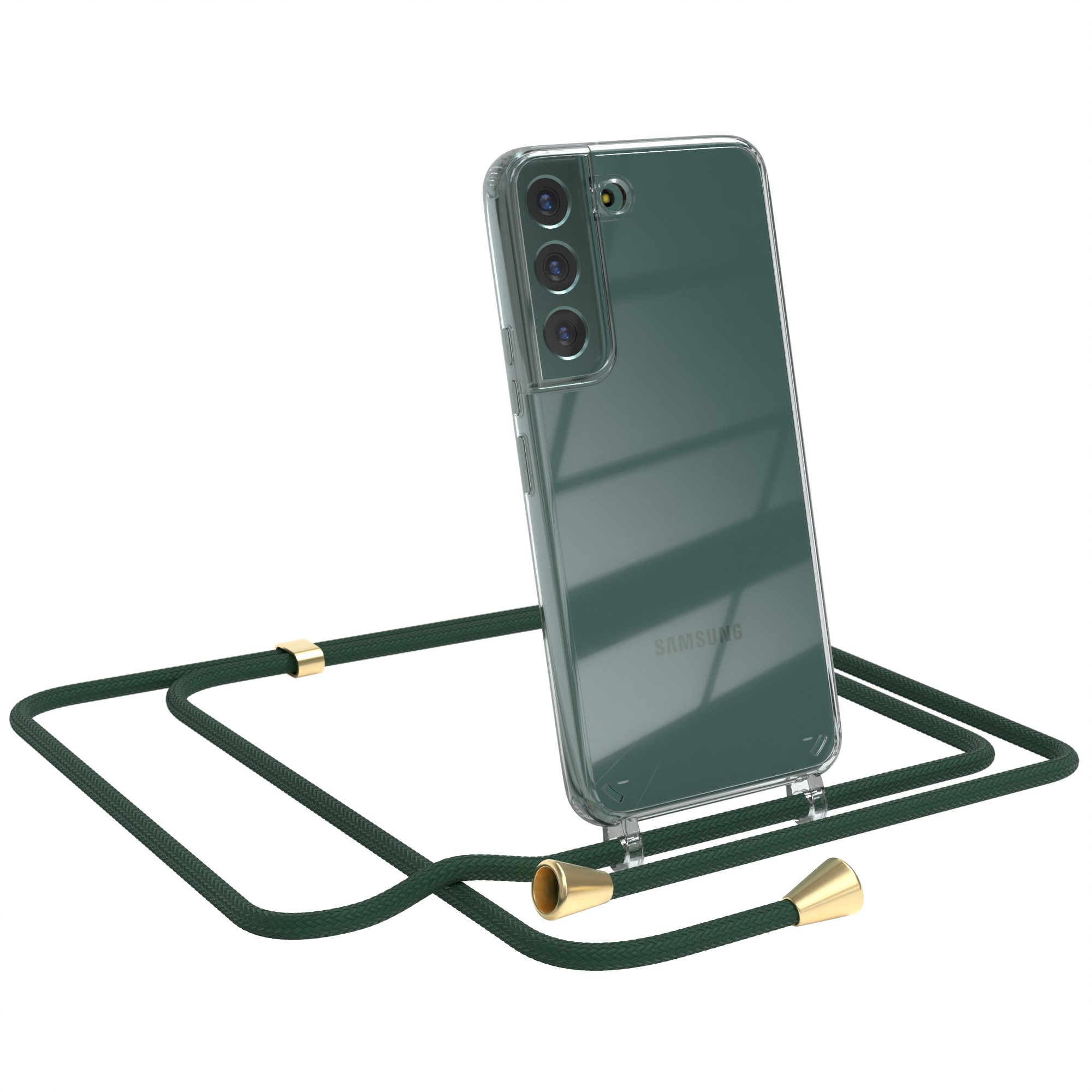 Transparente Handyhülle mit grünem Schlüsselband. Das Telefon ist angewinkelt, die Hülle ist transparent. Ein Samsung-Telefon.