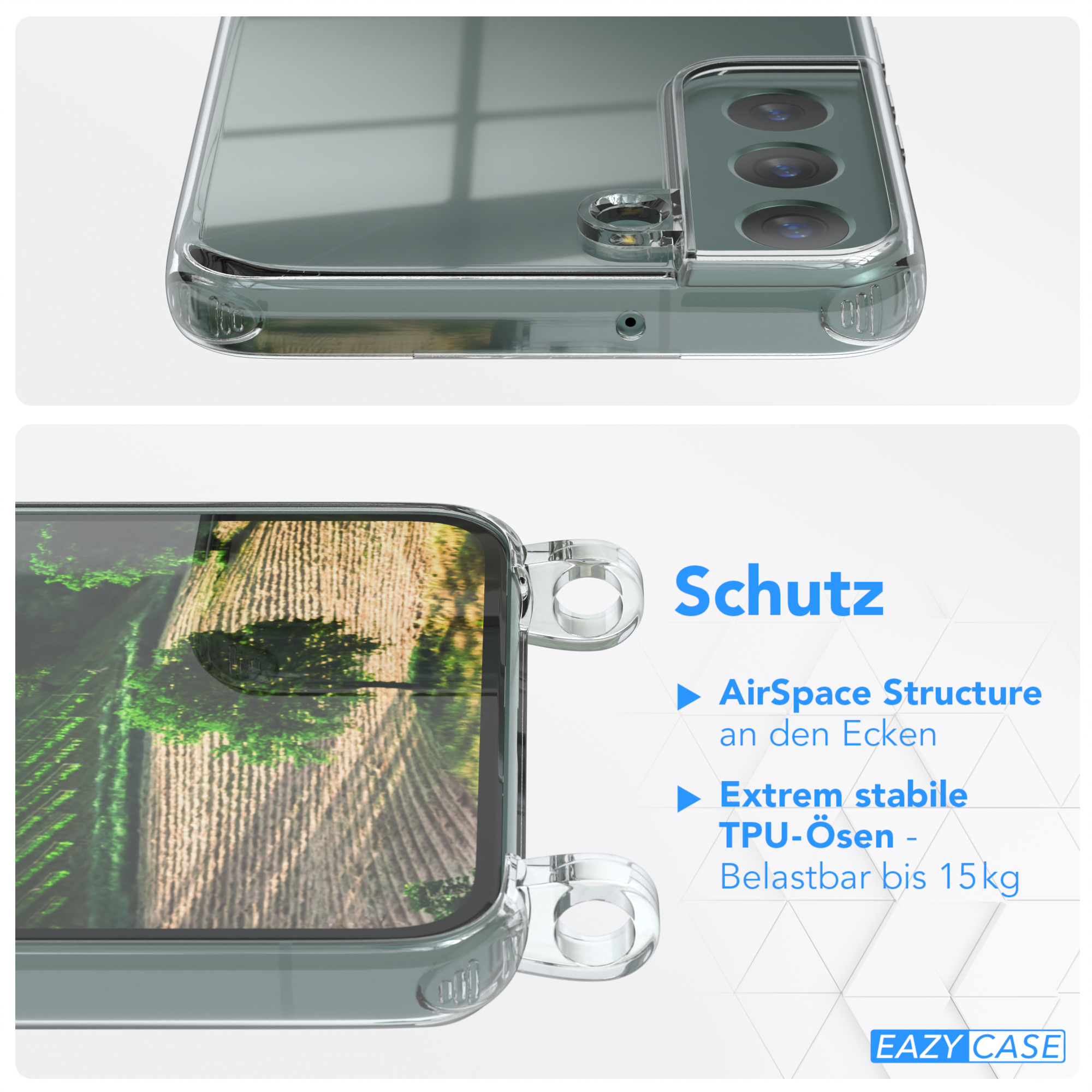Nahaufnahme einer Handyhülle mit Text 'Schutz'. Details zu AirSpace Structure und TPU-Osen.