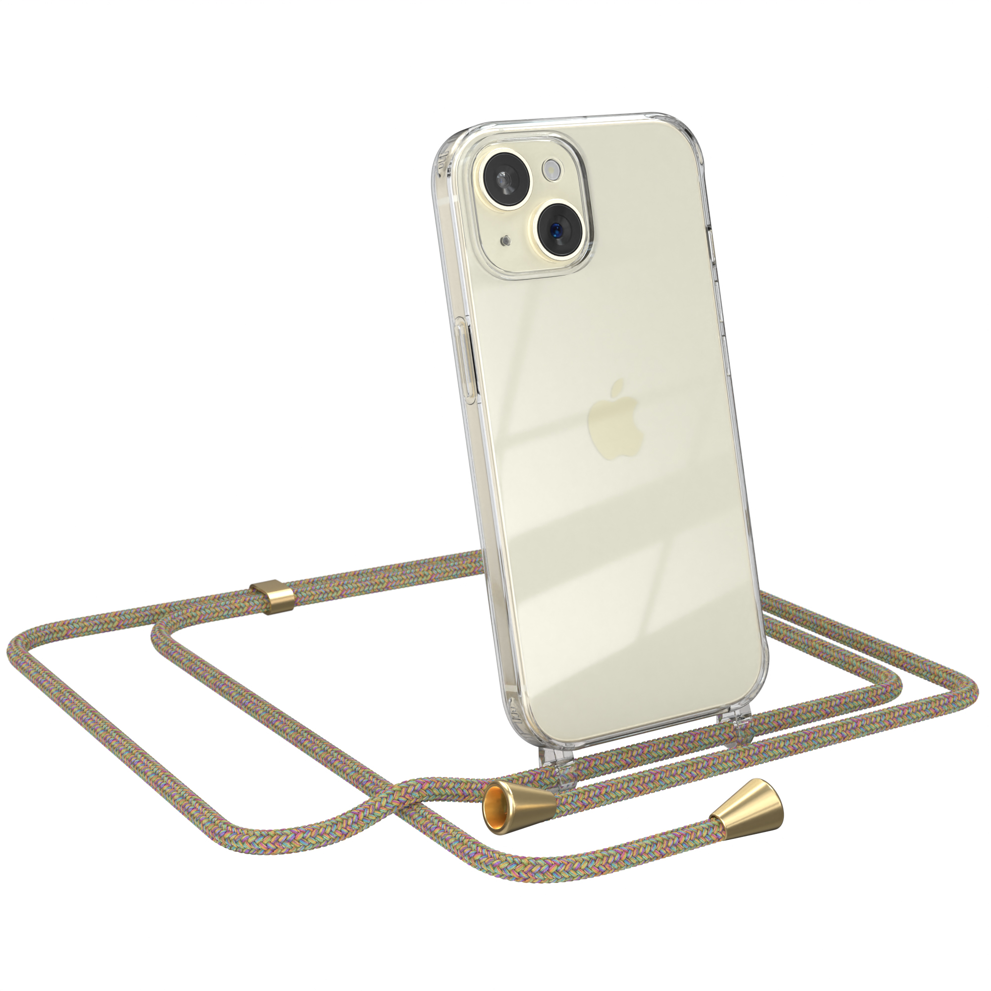 Cremefarbenes Telefon mit klarer Hülle und mehrfarbigem Kabel. Marke Apple.