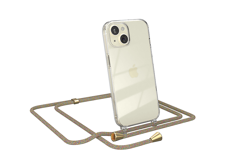 EAZY CASE Clear Cover mit Umhängeband, iPhone 15, Apple, Bunt Umhängetasche, / Clips Gold