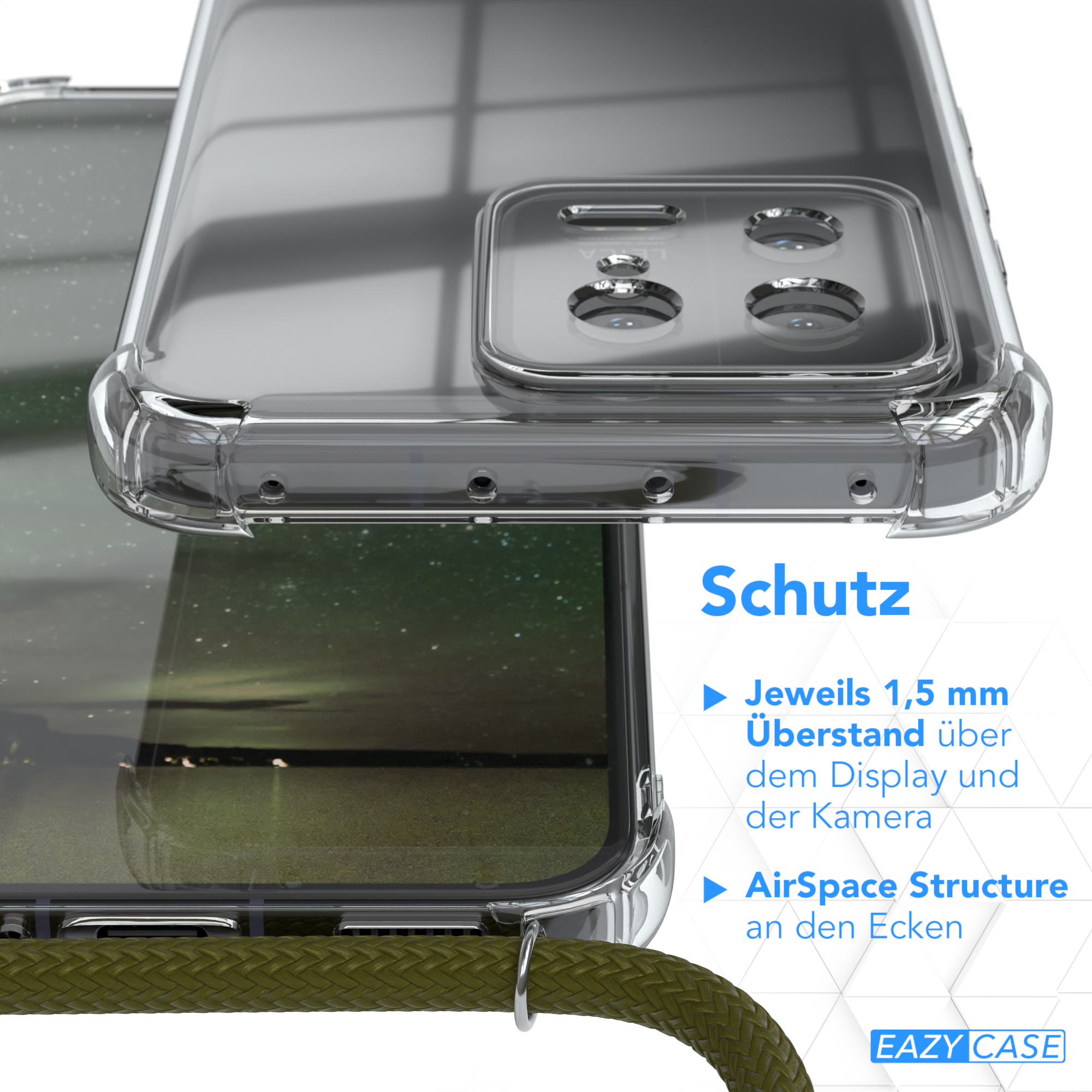 Nahaufnahme einer transparenten Handyhülle. Text sagt, sie hat 1,5 mm Ränder und AirSpace Struktur.