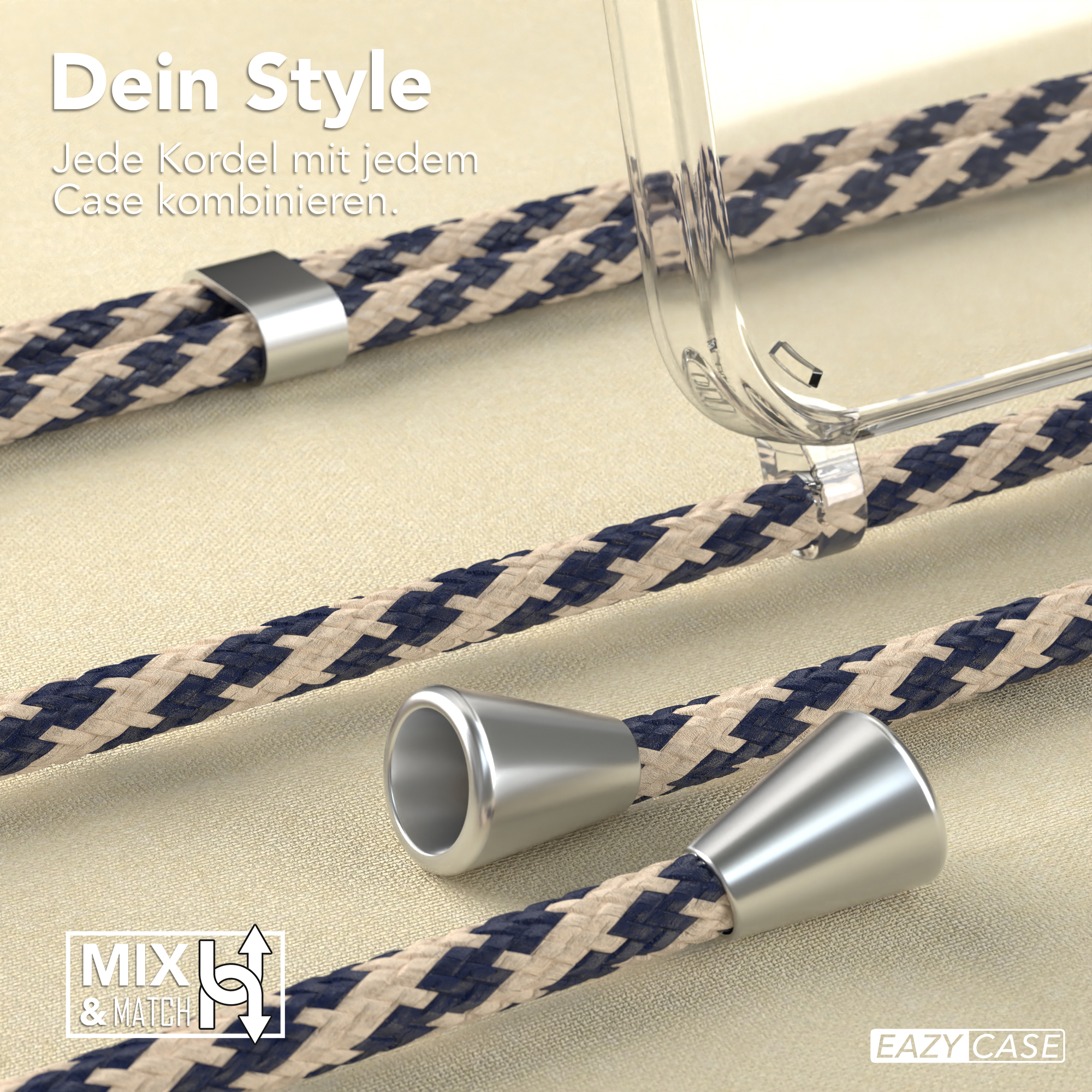 Nahaufnahme der Handykordel. Text: Dein Style. Es zeigt eine Mix & Match Option.