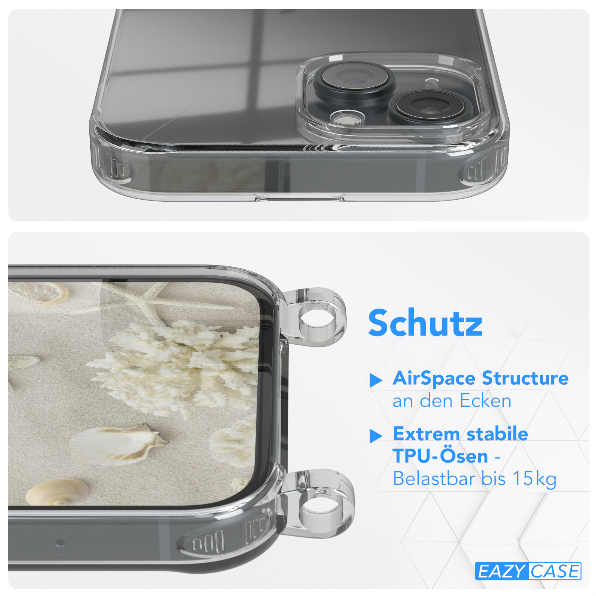 Transparente Handyhülle mit Strandmotiv. Kanten sichtbar, Detail der Kamera.