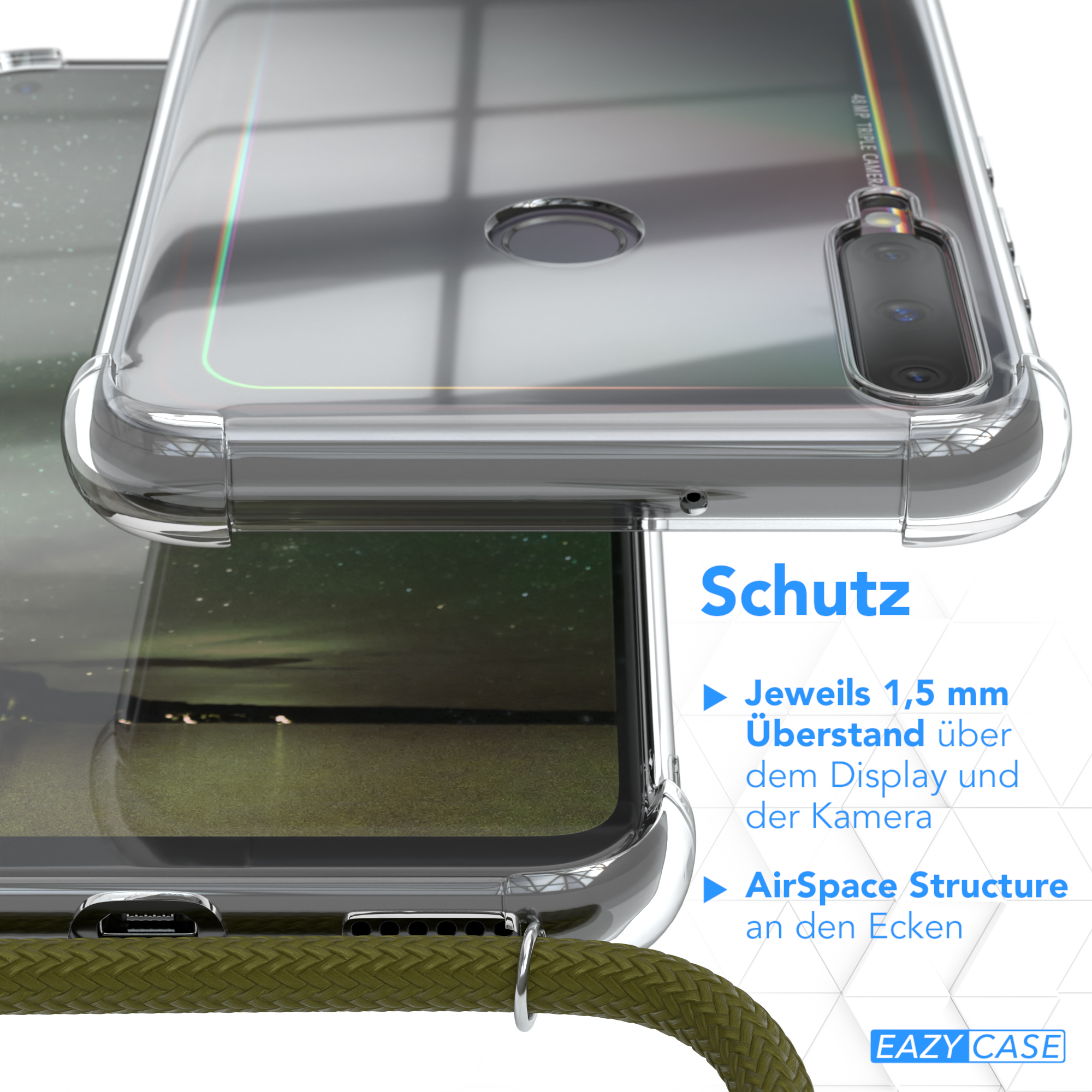 Nahaufnahme einer Handyhülle mit Details, 'AirSpace Structure' und 'TPU-Ösen'.