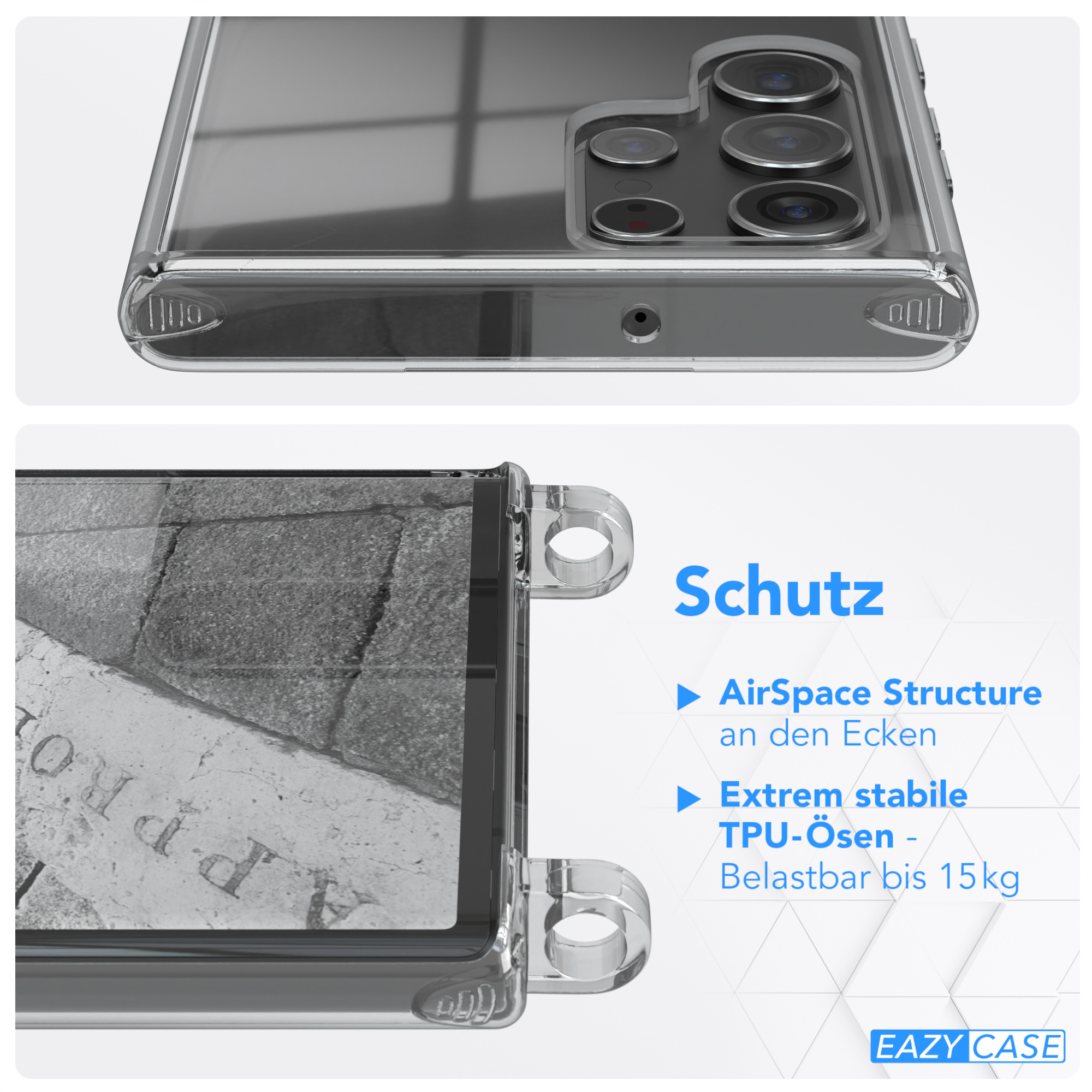 Transparente Handyhülle. Die Hülle schützt das Telefon. Schwarz-grünes geflochtenes Schlüsselband.