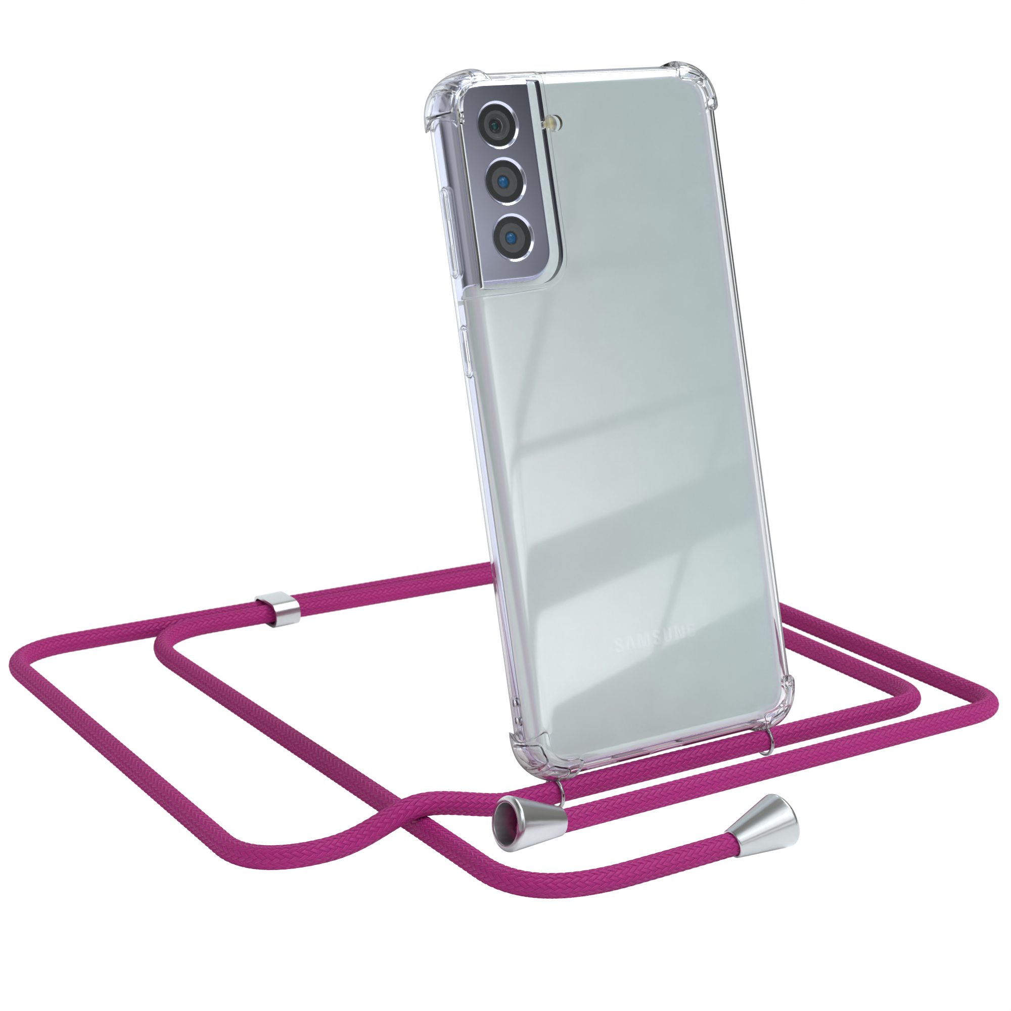 Transparente Handyhülle mit lila Umhängeband. Telefon angewinkelt, Samsung-Logo sichtbar. Weißer Hintergrund.