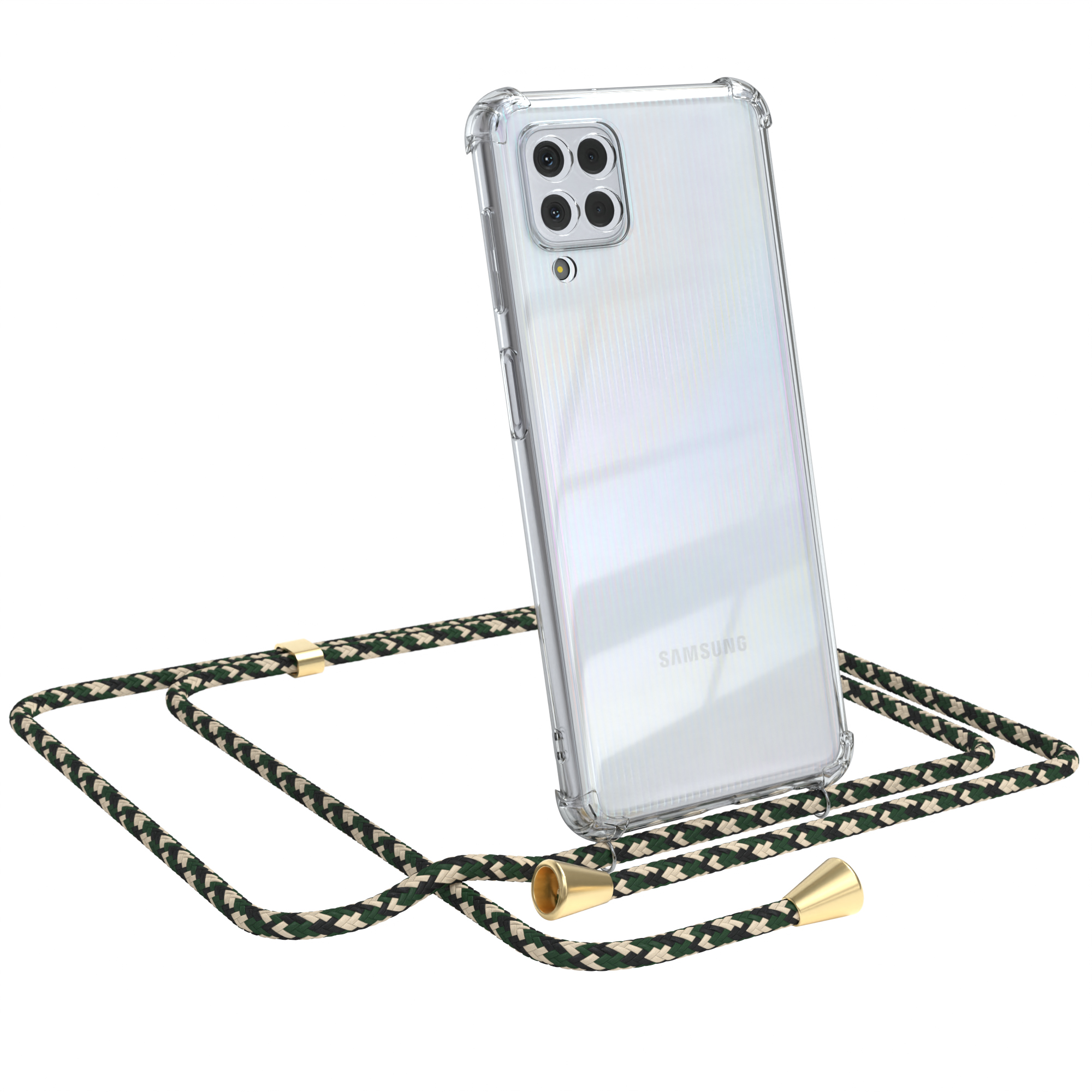 Transparente Handyhülle mit grün-schwarzem Lanyard auf weißem Hintergrund. Samsung Telefon.