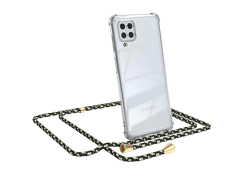 EAZY CASE Clear Cover mit Umhängeband, Umhängetasche, Samsung, Galaxy M22 / M32 / A22 4G, Grün Camouflage / Clips Gold