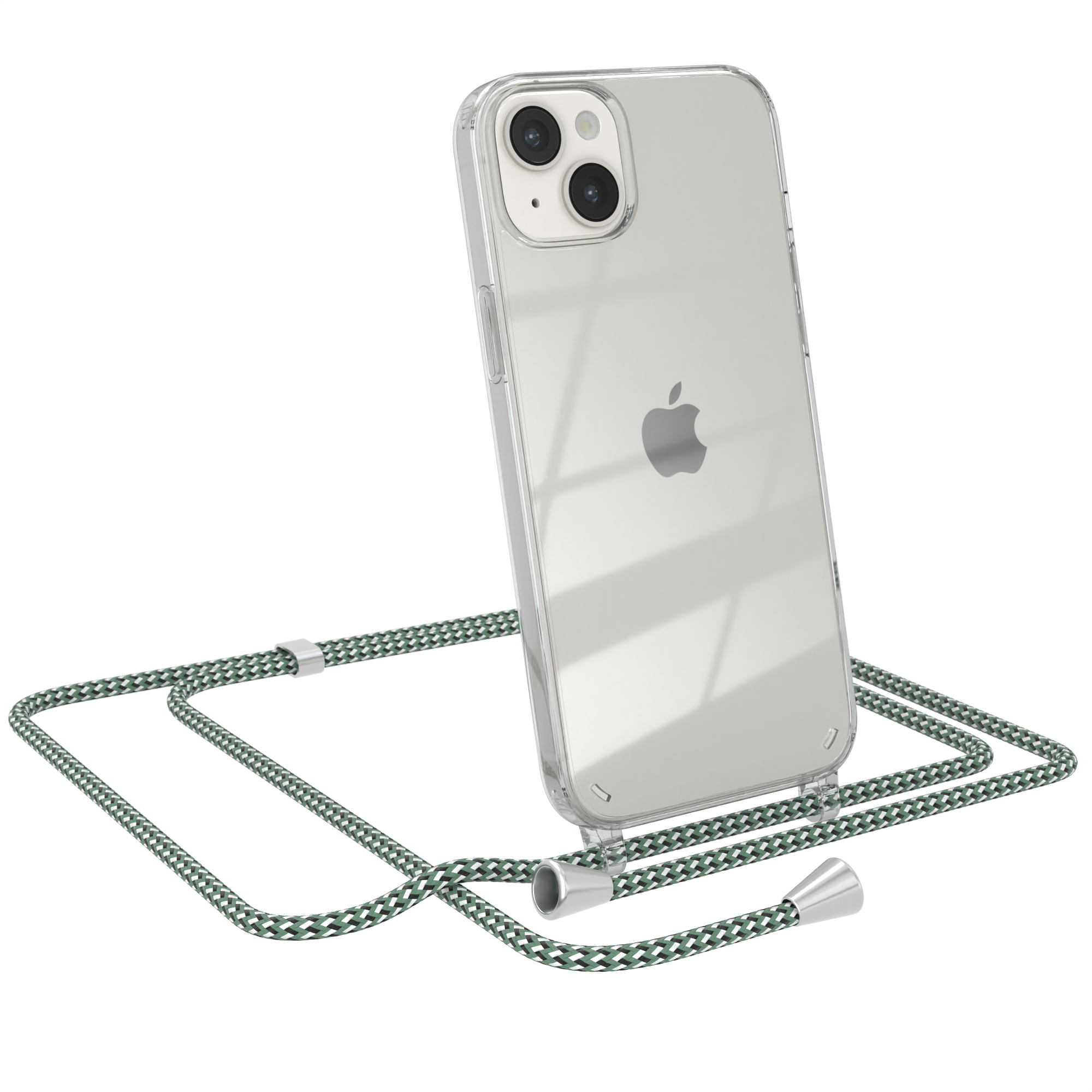 Transparente Handyhülle mit grün-weißem Kordelband. Ein iPhone ist im Case.