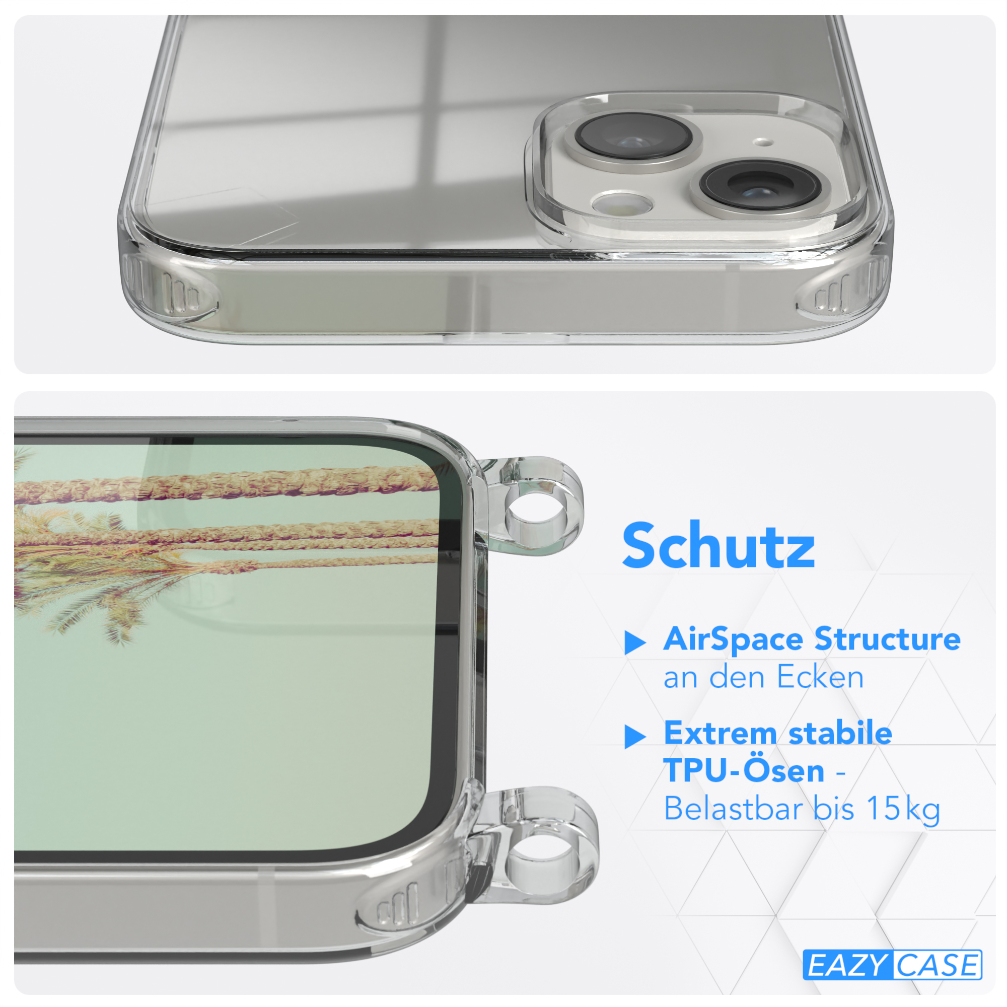 Nahaufnahme einer transparenten Handyhülle mit dem Text 'Schutz' und dem Text 'AirSpace Structure'.
