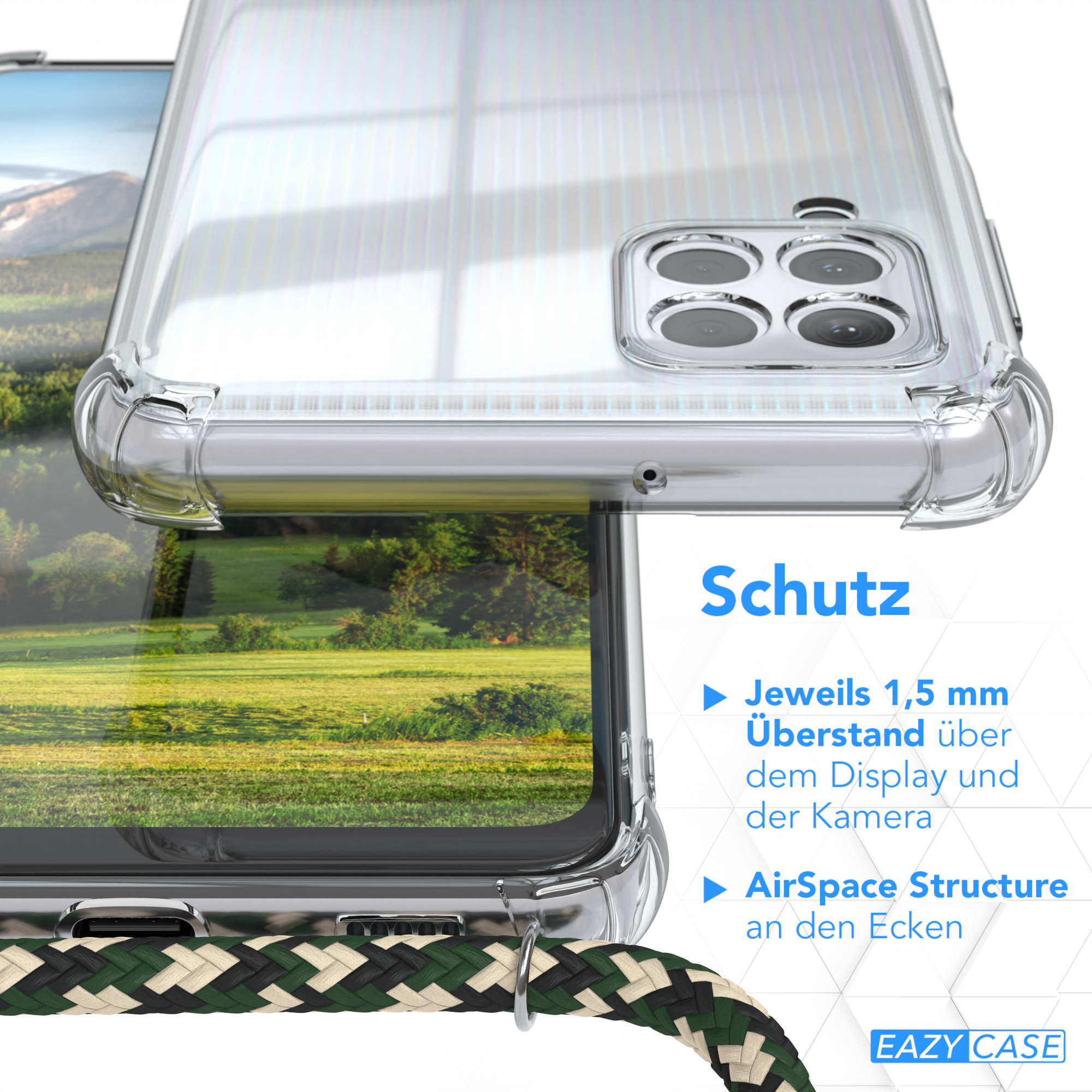 Eine Handyhülle mit einem Telefon darin. Die Hülle ist transparent und hat Schutzfunktionen. Der Hintergrund zeigt ein Feld.