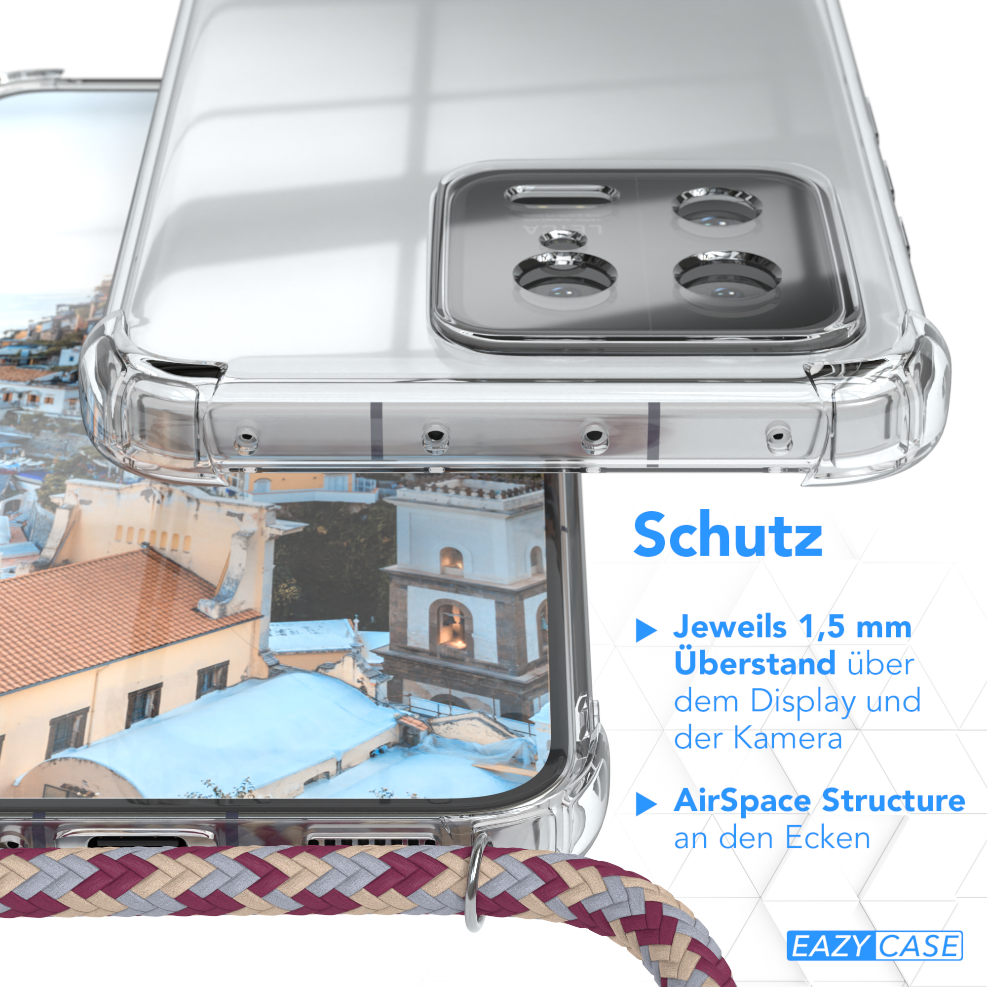 Nahaufnahme einer Handyhülle, die ein Telefon schützt. Text: Schutz. Merkmale aufgelistet.
