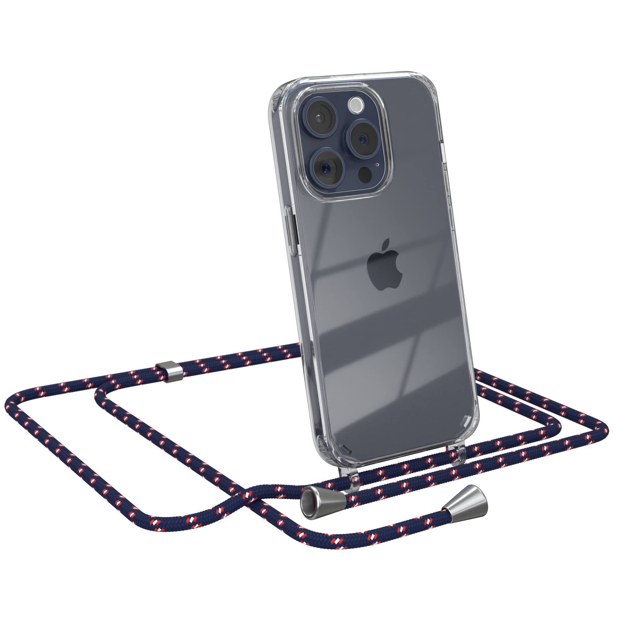 EAZY CASE Clear Cover mit Apple, Silber Blau / Pro, Umhängeband, iPhone 15 Clips Camouflage Umhängetasche