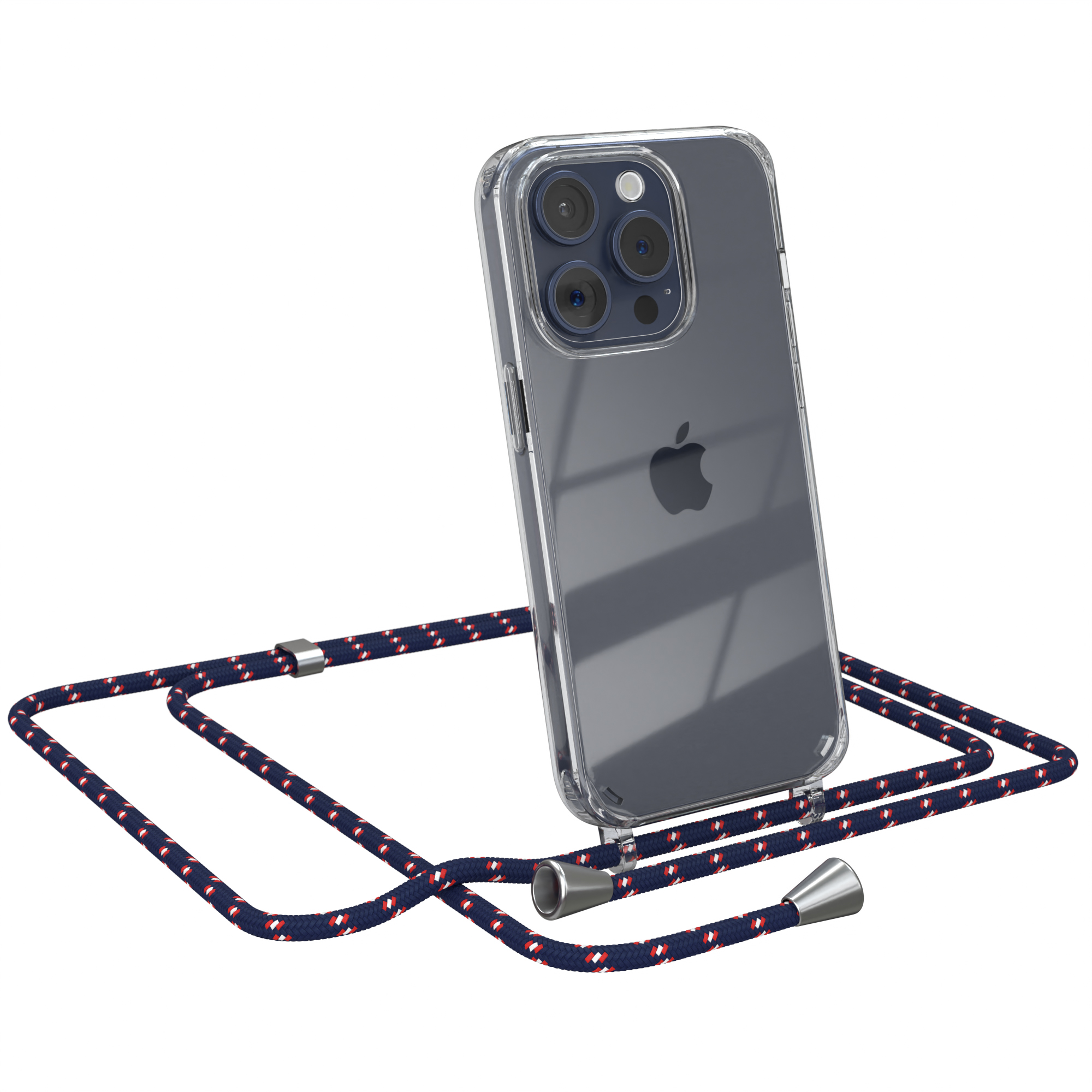 Telefon in klarer Hülle mit rot-weißem Umhängeband. Apple-Logo sichtbar.