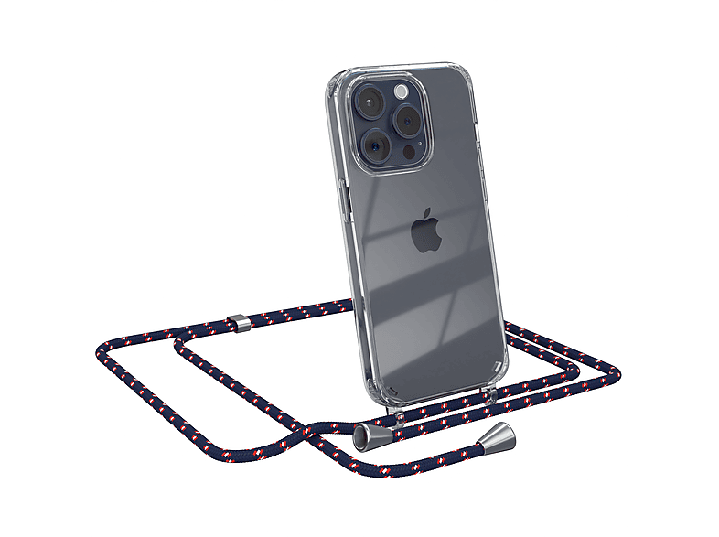 EAZY CASE Clear Cover mit Umhängeband, Umhängetasche, Apple, iPhone 15 Pro, Blau Camouflage / Clips Silber