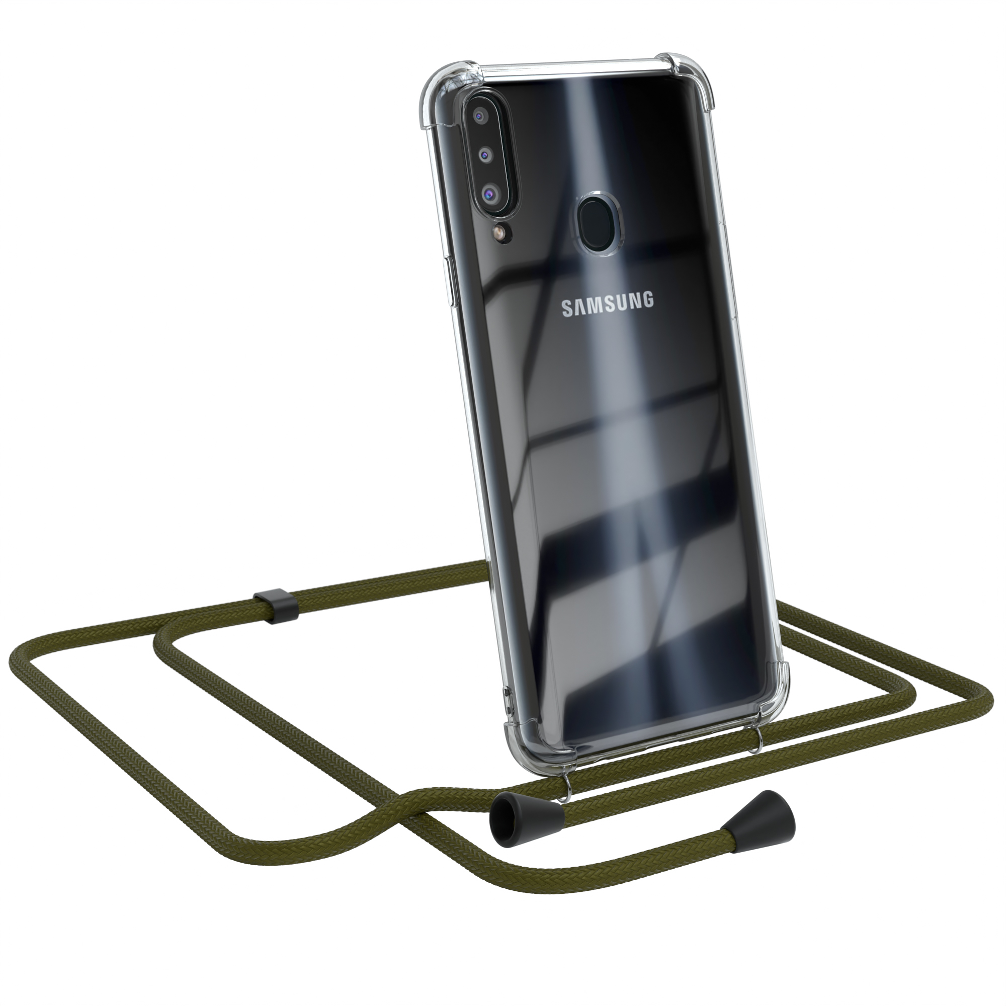 Transparente Handyhülle mit grünem Band. Samsung-Logo sichtbar. Weißer Hintergrund.