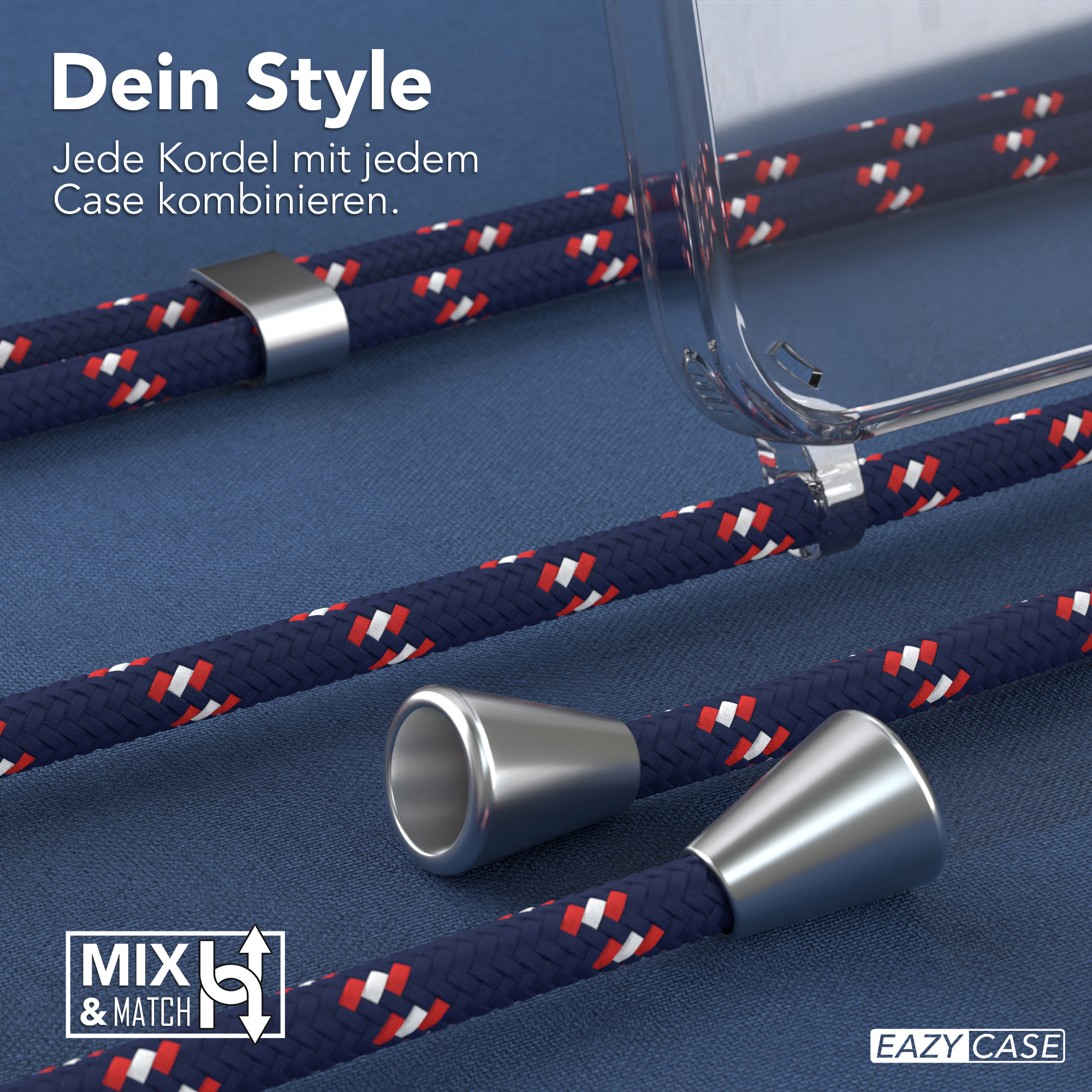 Nahaufnahme von blauem und rotem Seil mit Metallkegeln. Der Hintergrund ist blau.