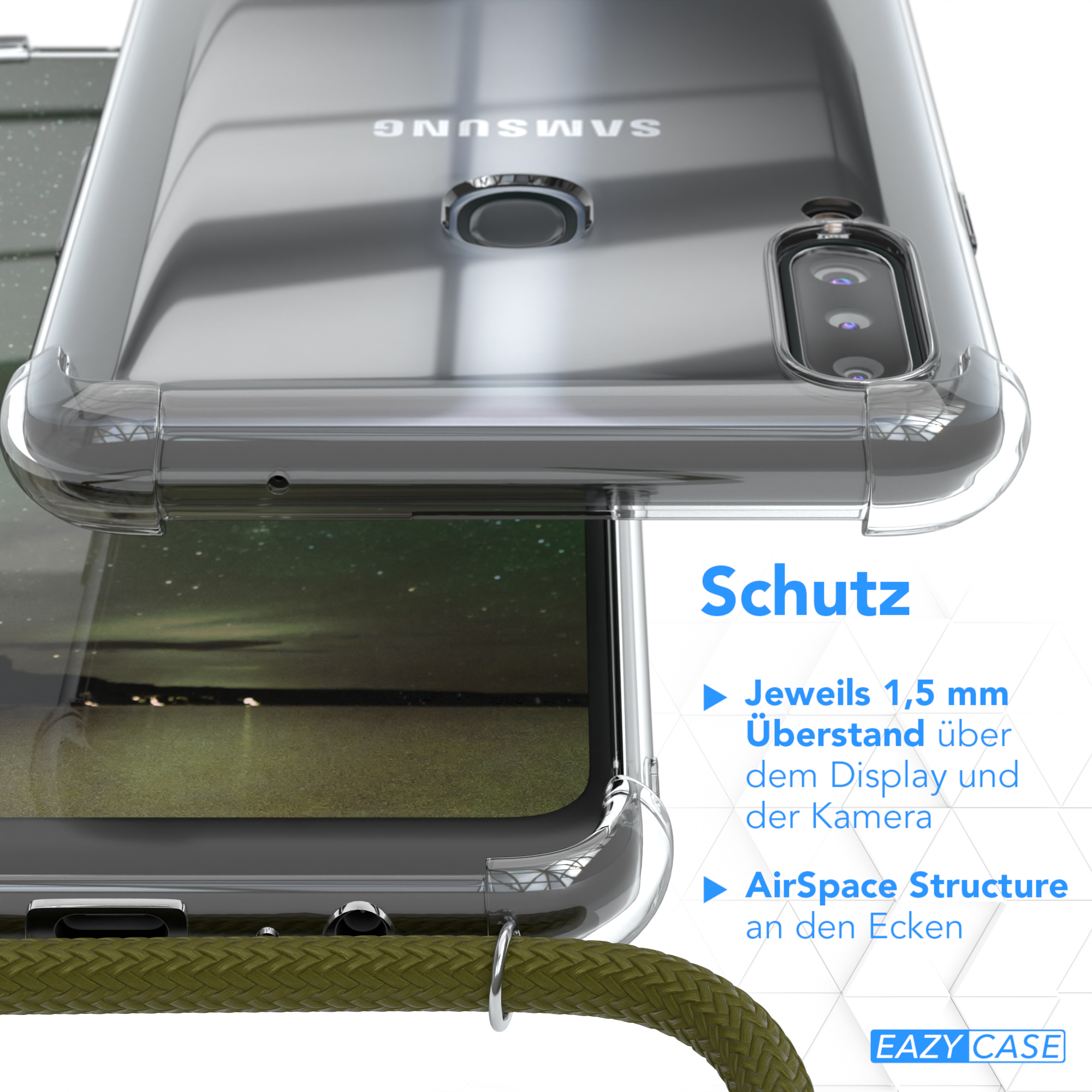Nahaufnahme einer Handyhülle. Text beschreibt die Schutzfunktionen: 1,5 mm Display- und Kameraabdeckung.