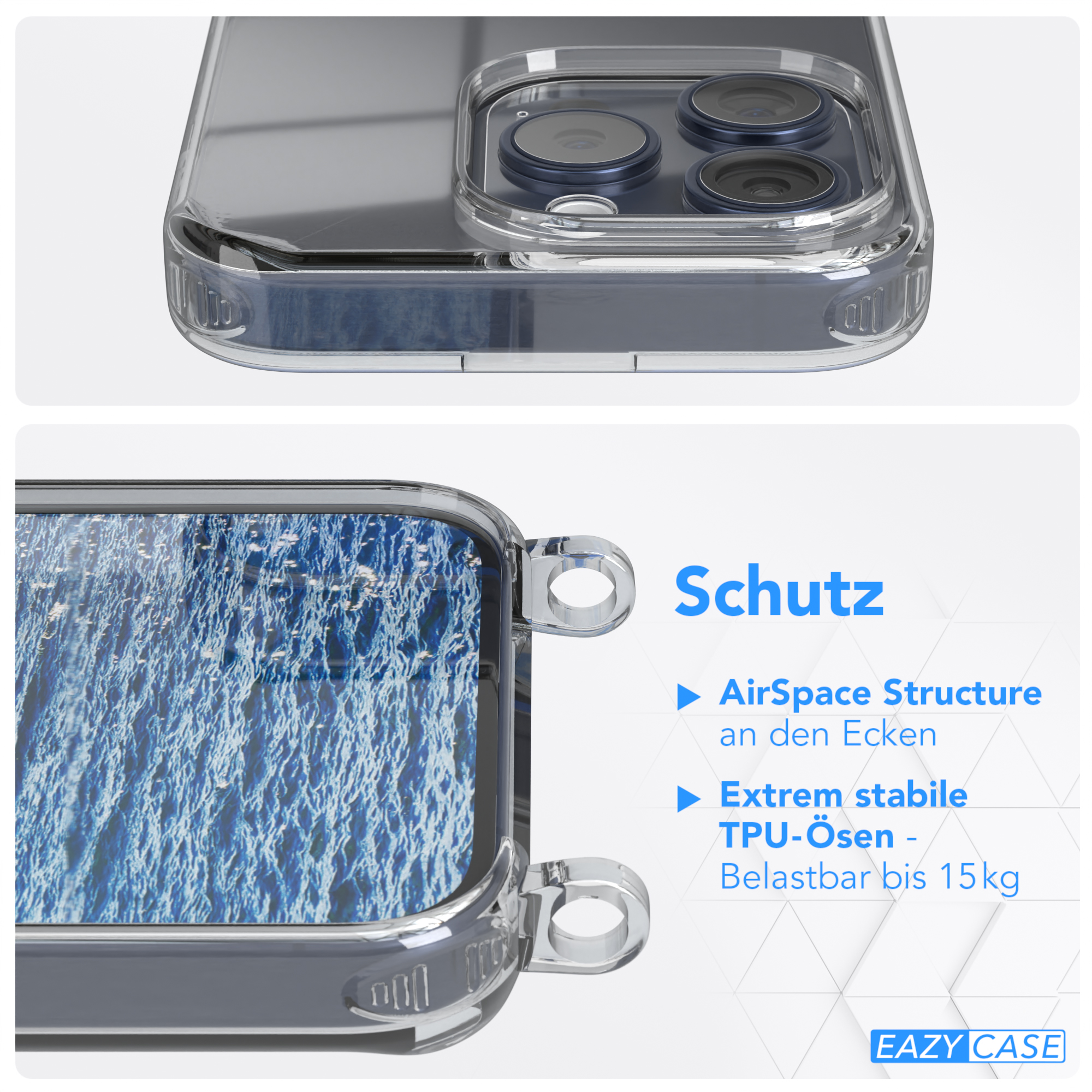 CASE Umhängetasche, Clips Camouflage Blau mit Pro, 15 Umhängeband, Silber / Clear iPhone EAZY Apple, Cover