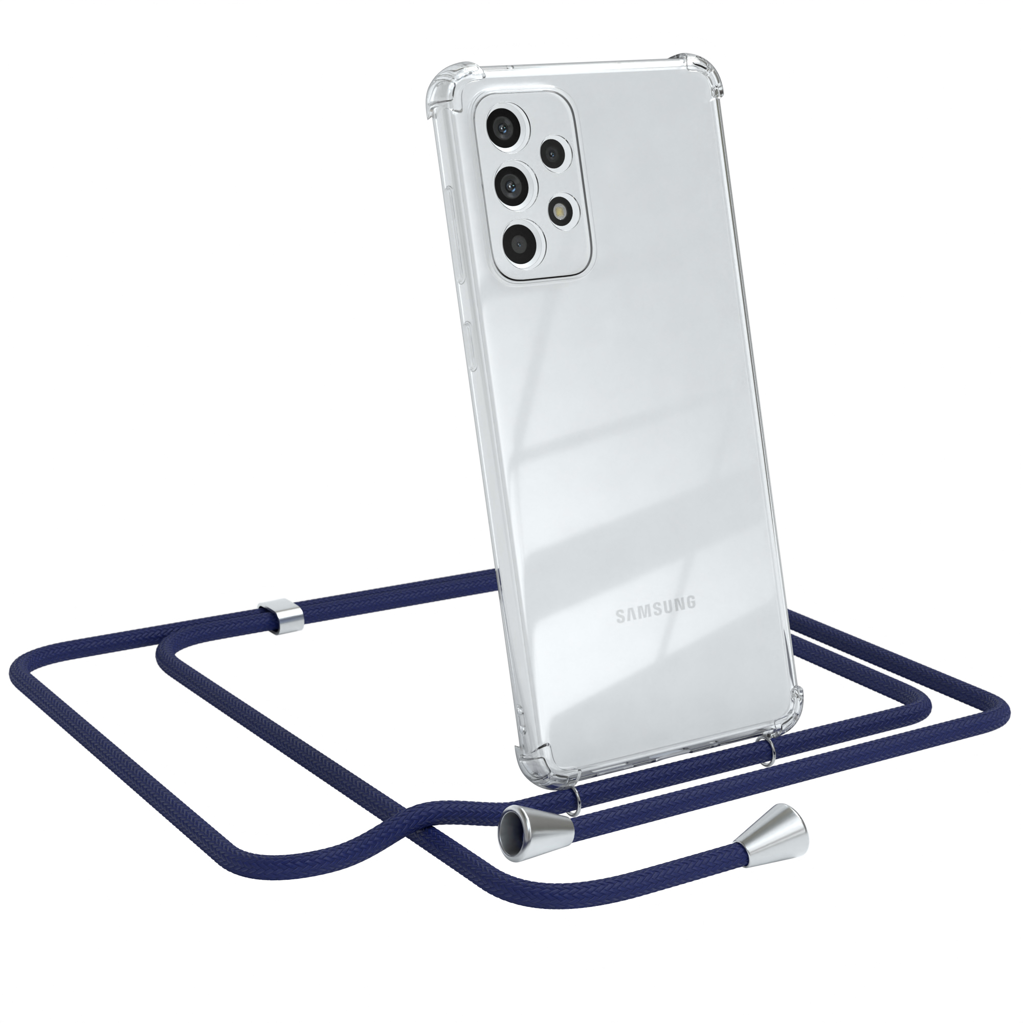 Eine transparente Handyhülle mit marineblauem Lanyard. Das Telefon ist ein Samsung-Modell.