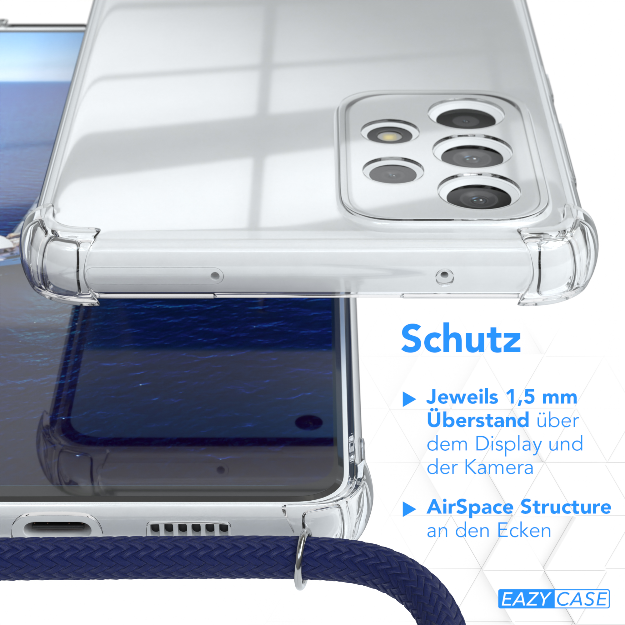Handyhülle mit Text. Text: Schutz. Übersetzung: Schutz. Zeigt Details des Gehäuses.
