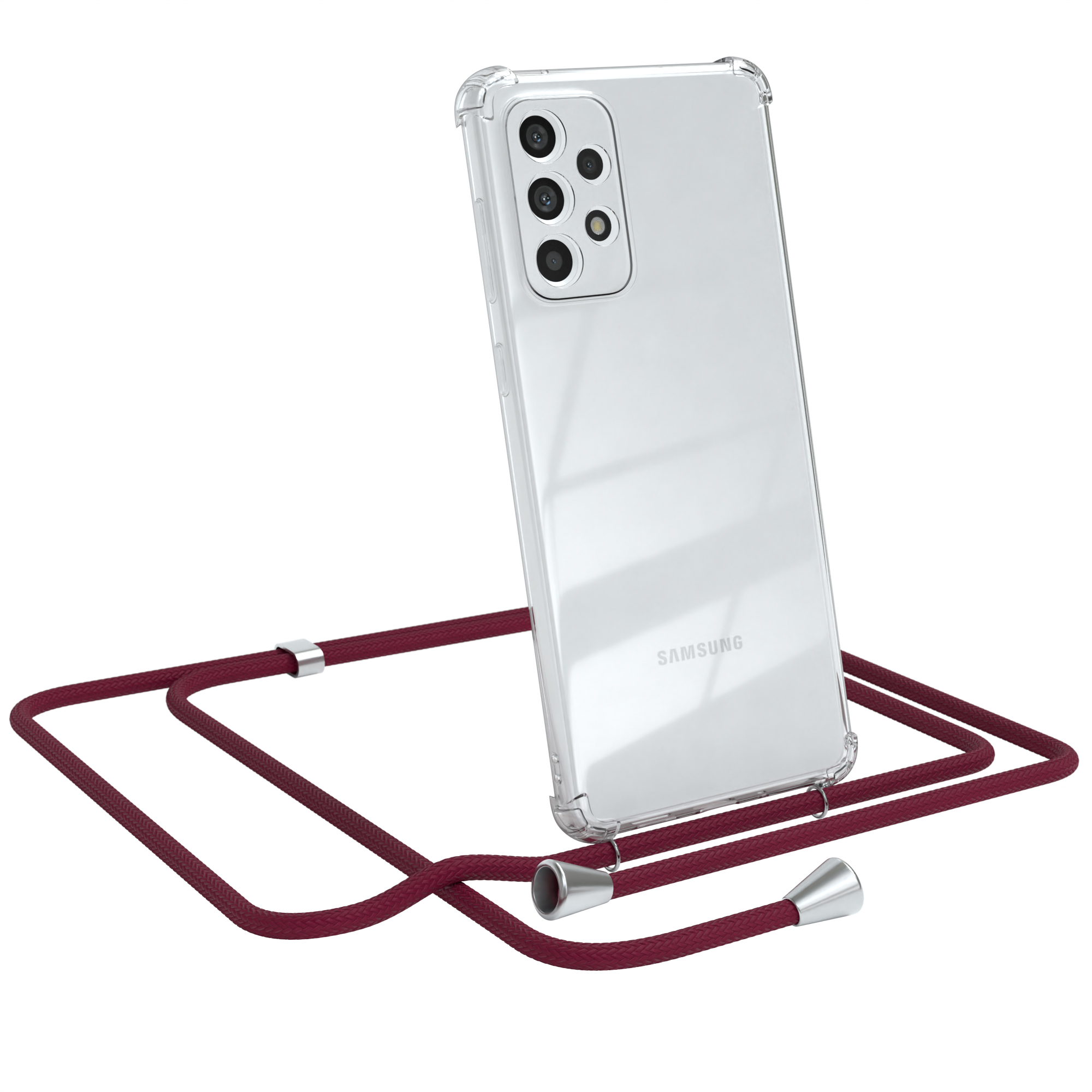 Transparente Handyhülle mit bordeauxfarbenem Kordelband. Weißes Handy mit 'SAMSUNG'.