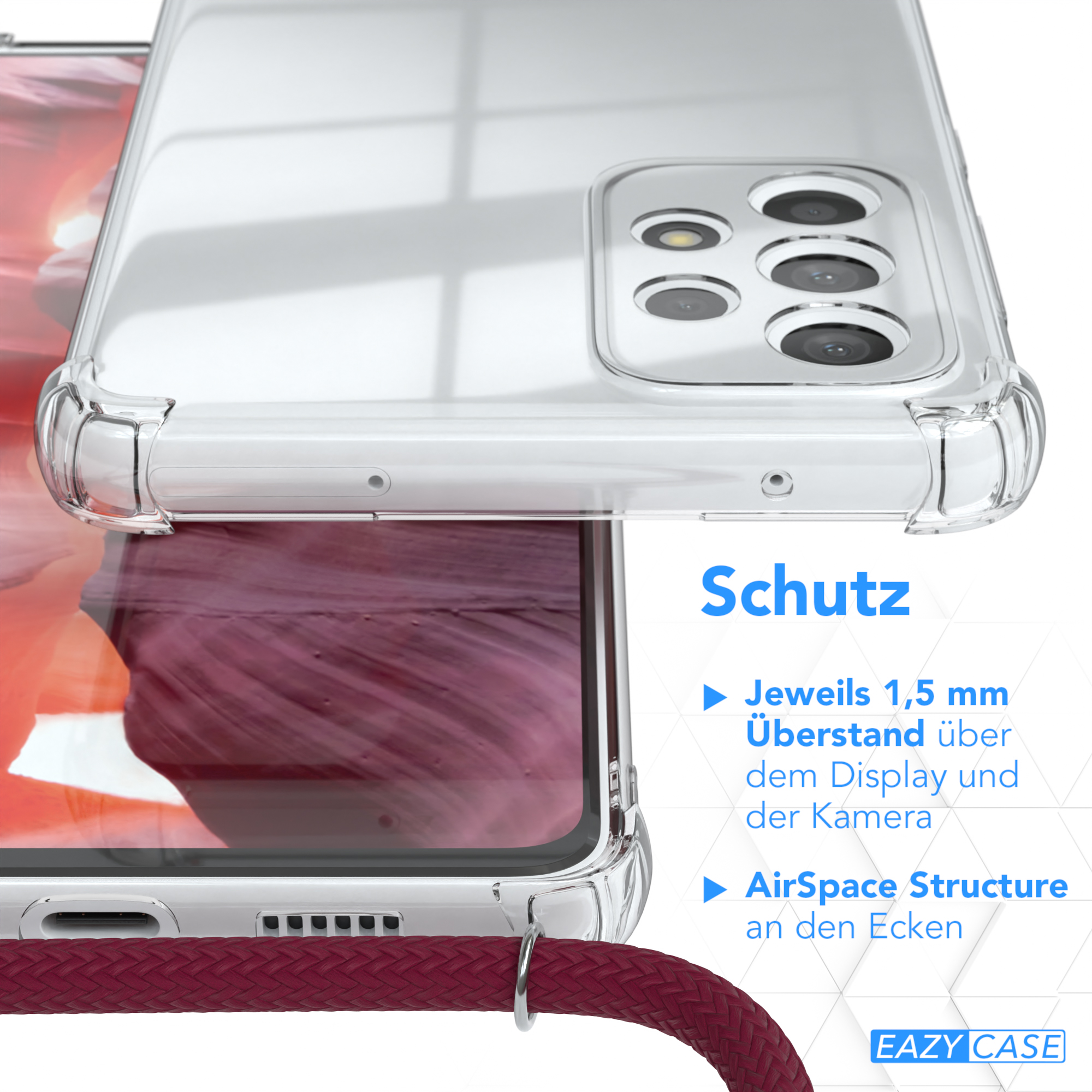 Umhängetasche, 5G, EAZY Bordeaux Galaxy CASE Silber Clips mit Clear Umhängeband, Samsung, / A73 Cover Rot