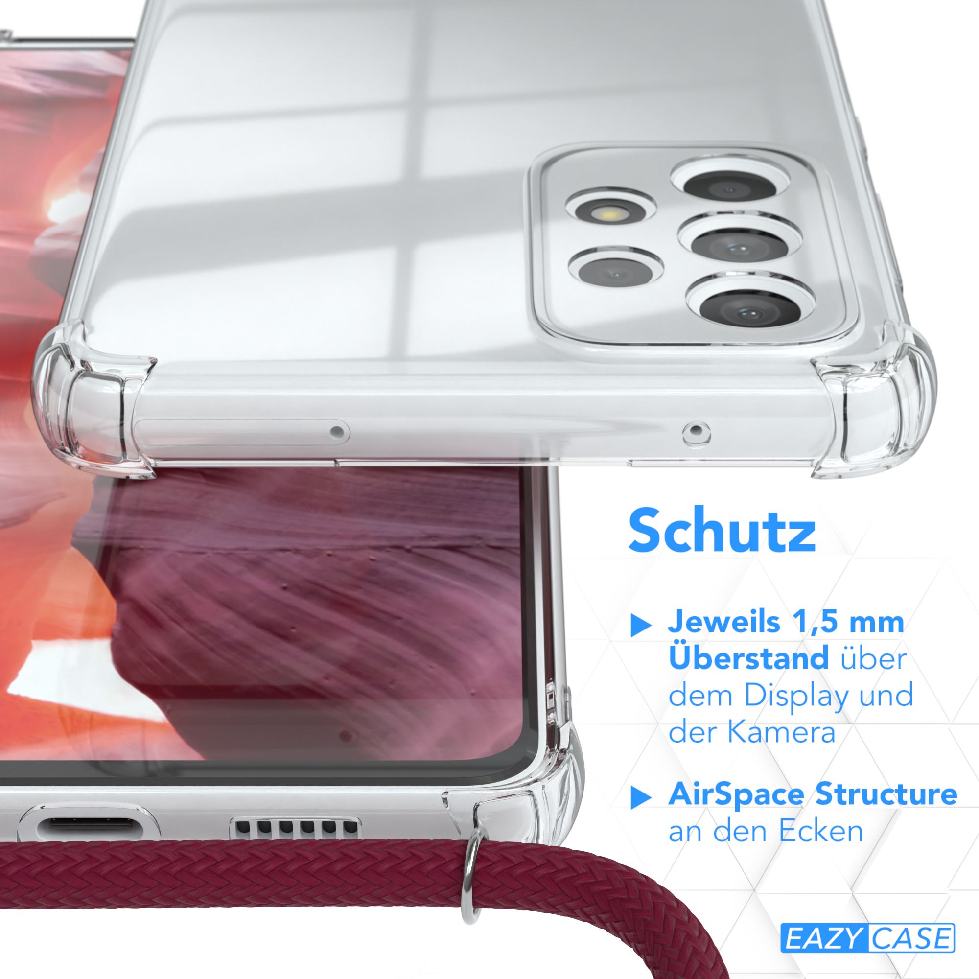 Nahaufnahme einer durchsichtigen Handyhülle mit Telefon, Text und einem Riemen.