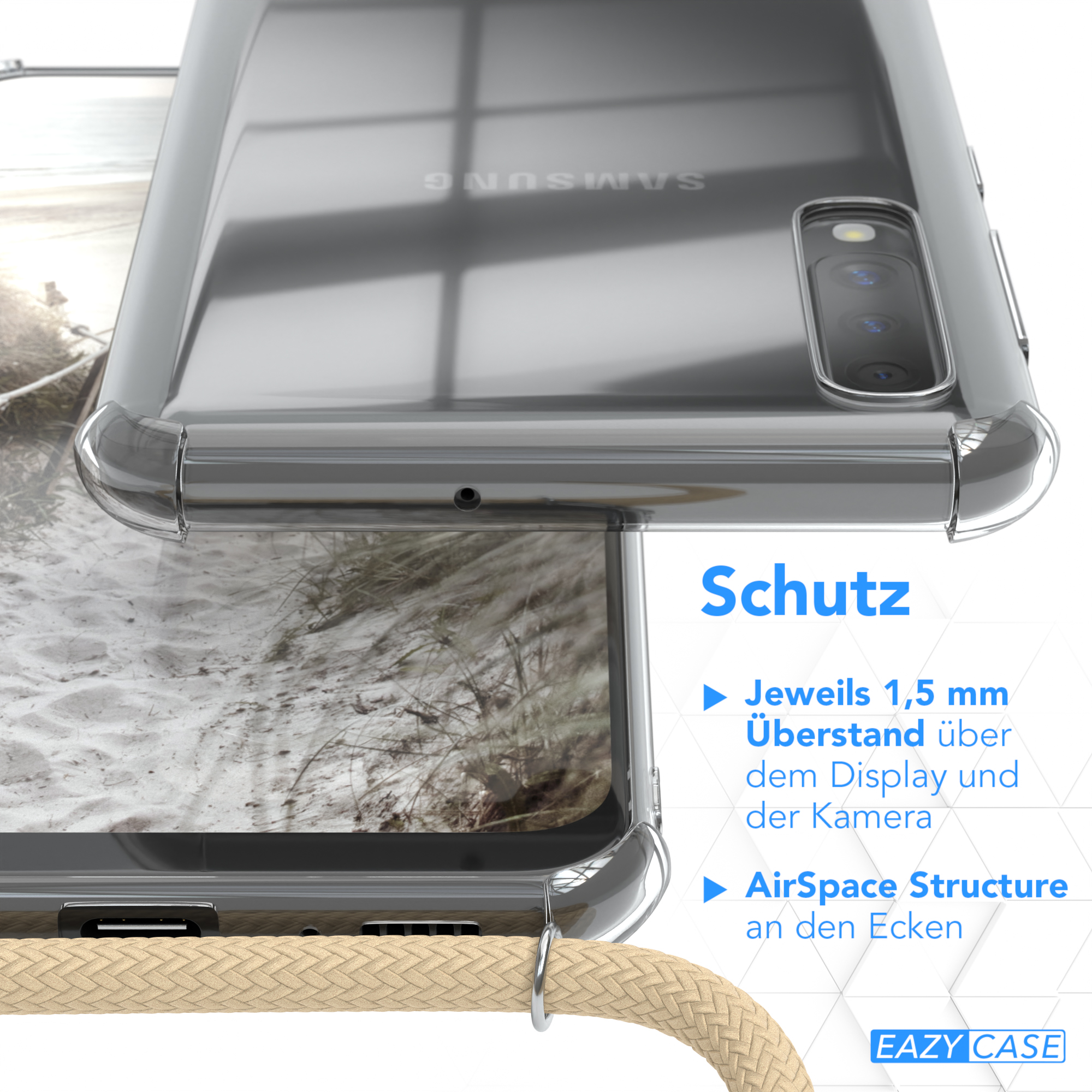 Transparente Handyhülle. Die Hülle schützt das Telefon. Blaues geflochtenes Schlüsselband.