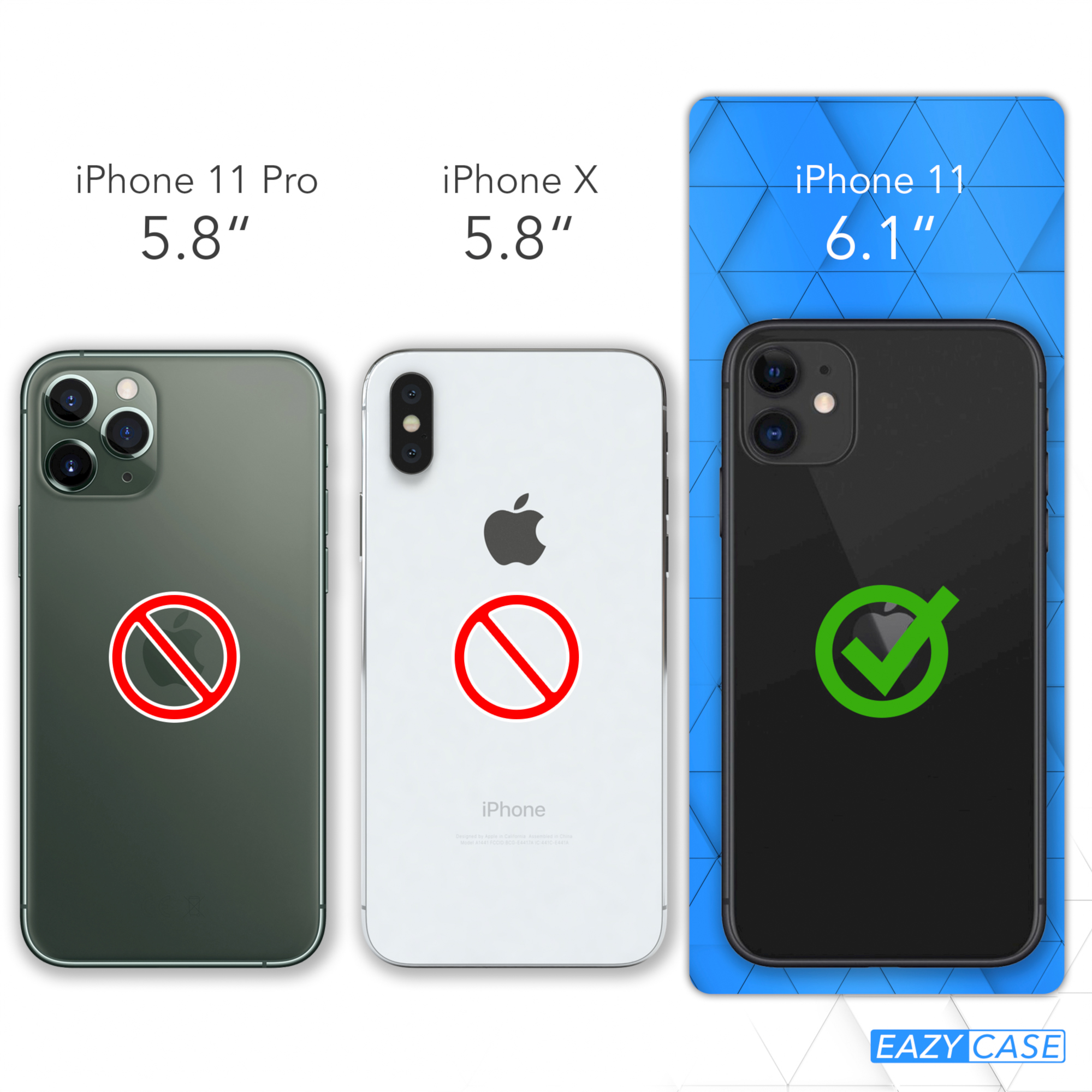 Drei iPhones in verschiedenen Größen, das mittlere mit einem Verbotszeichen versehen.