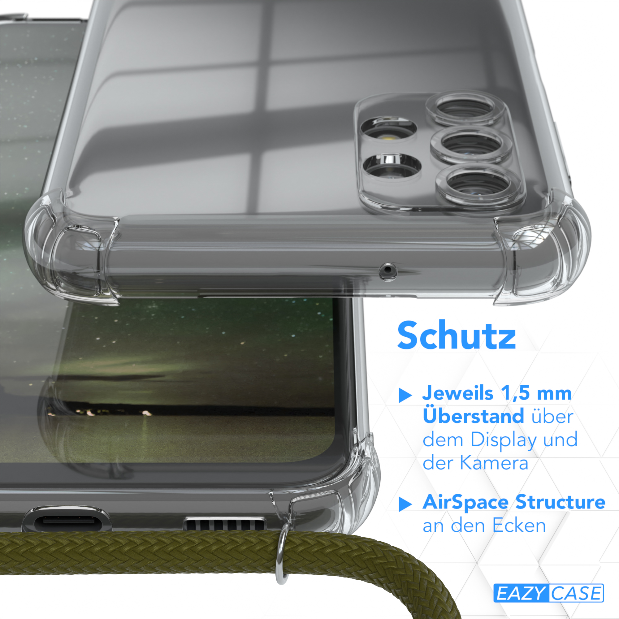 Klare Handyhülle mit grünem Kabel. Text erwähnt Schutzfunktionen.