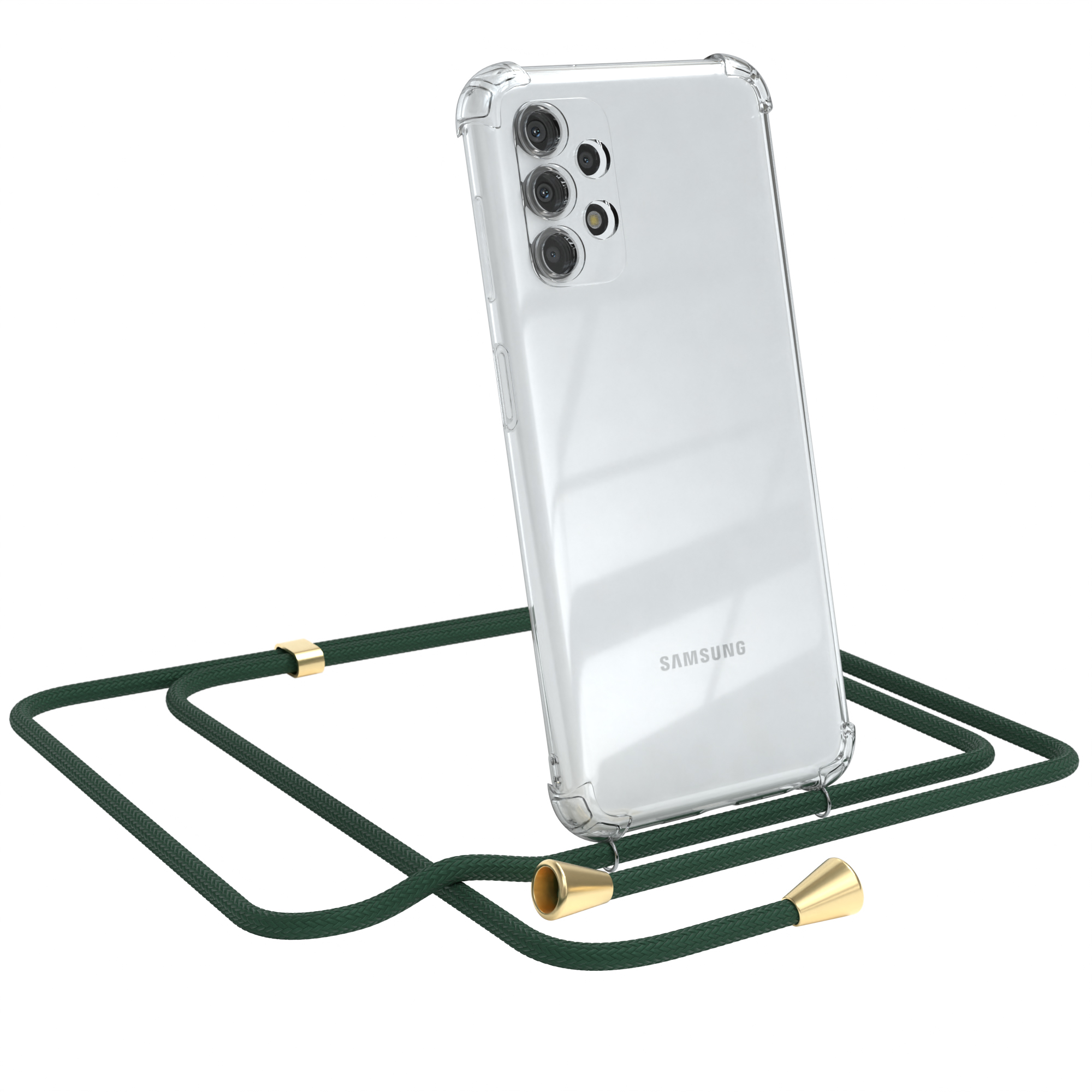 Transparente Handyhülle mit grünem Seil und goldenen Akzenten. Samsung Telefon.