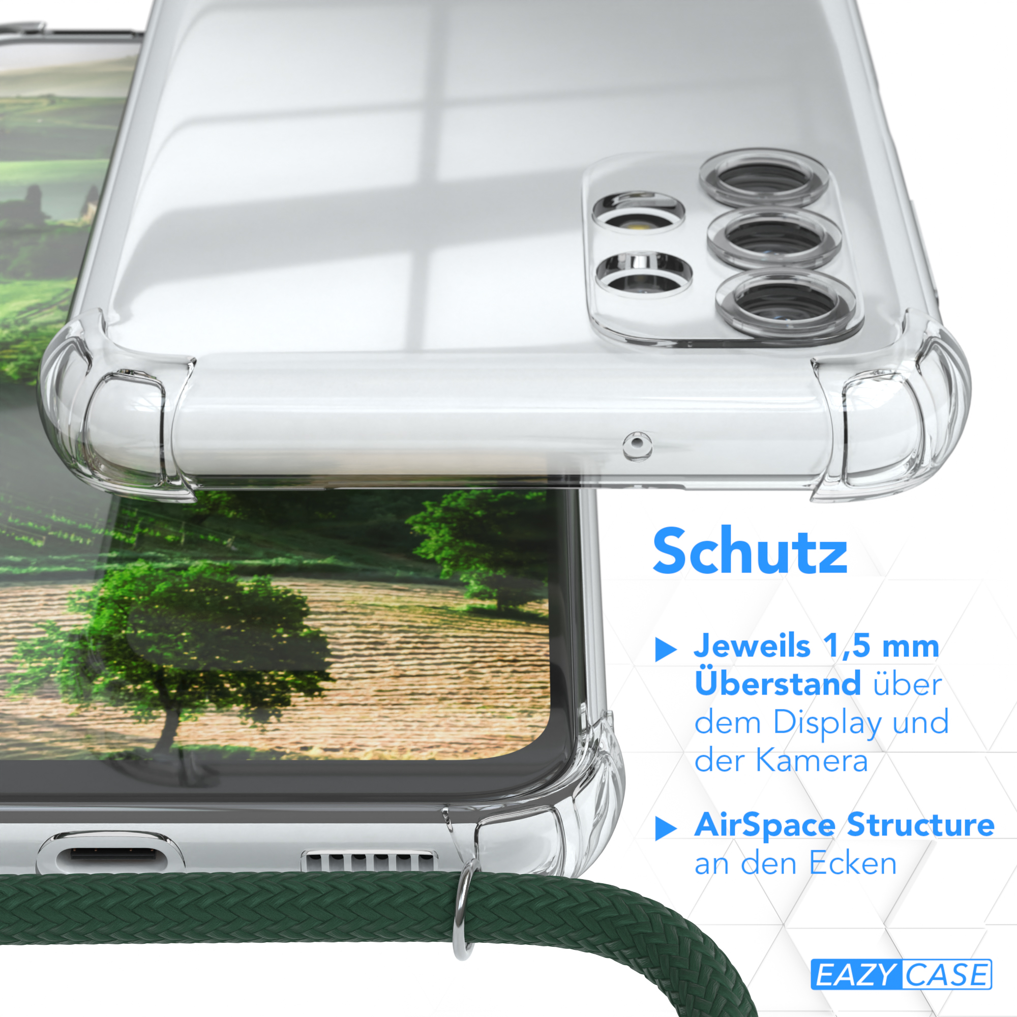 Eine klare Handyhülle über einem Telefon. Grüne Bäume im Hintergrund. Text über Schutz.