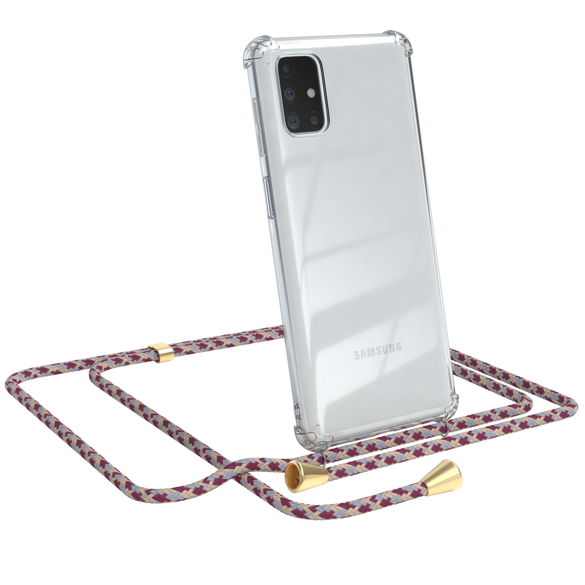 Telefon in klarer Hülle mit Seil. Das Telefon ist von Samsung. Der Hintergrund ist weiß.