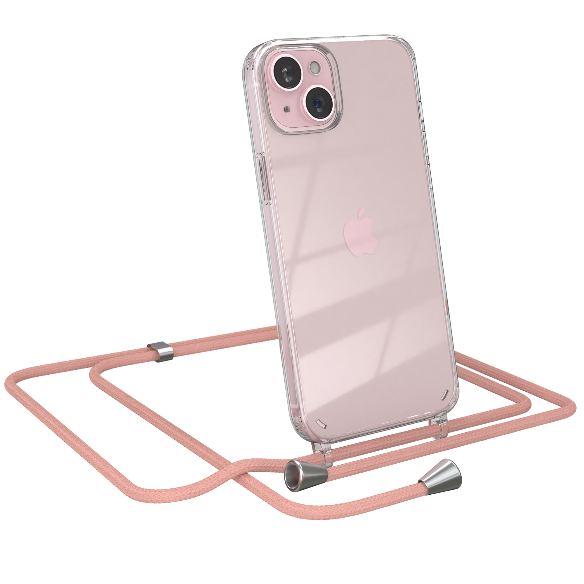 Transparente Handyhülle mit pfirsichfarbenem Umhängeband. Apple-Logo sichtbar.