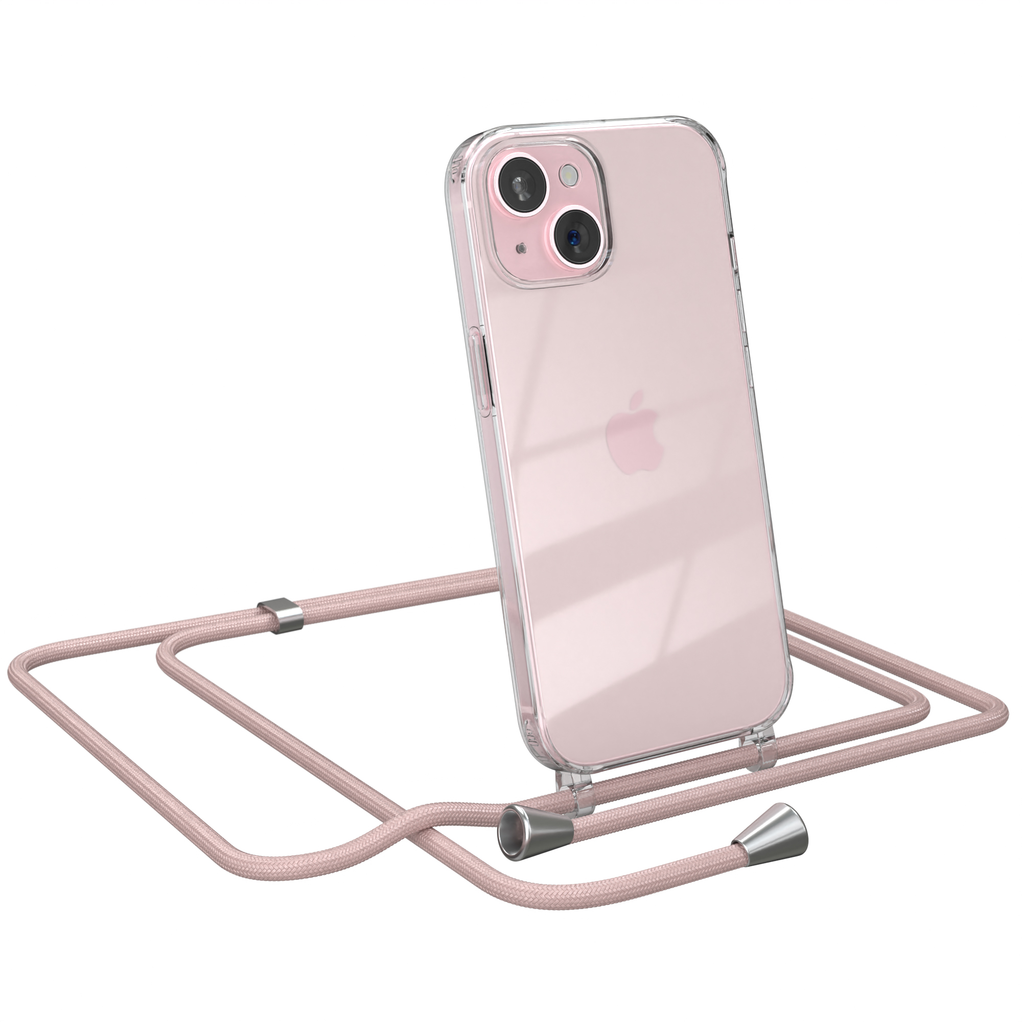 Ein iPhone in einer transparenten Hülle mit einem rosa Kabel. Weißer Hintergrund.