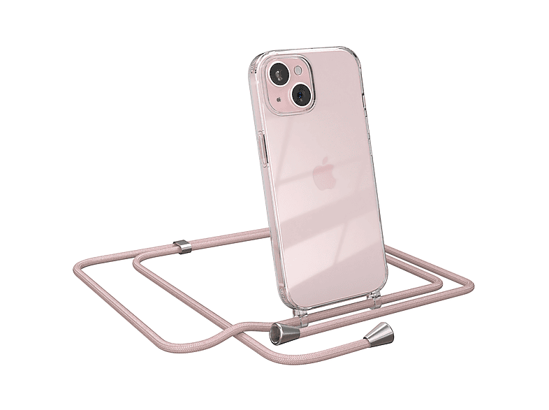 iPhone EAZY Rosé / Umhängetasche, Apple, Umhängeband, 15, Cover Silber Clear Clips mit CASE