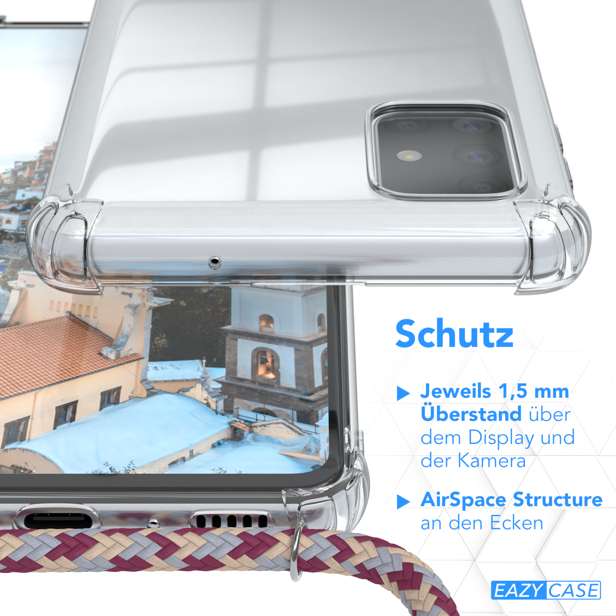 Transparente Handyhülle auf einem Telefon, die Schutzmerkmale und Text über das Produkt zeigt.