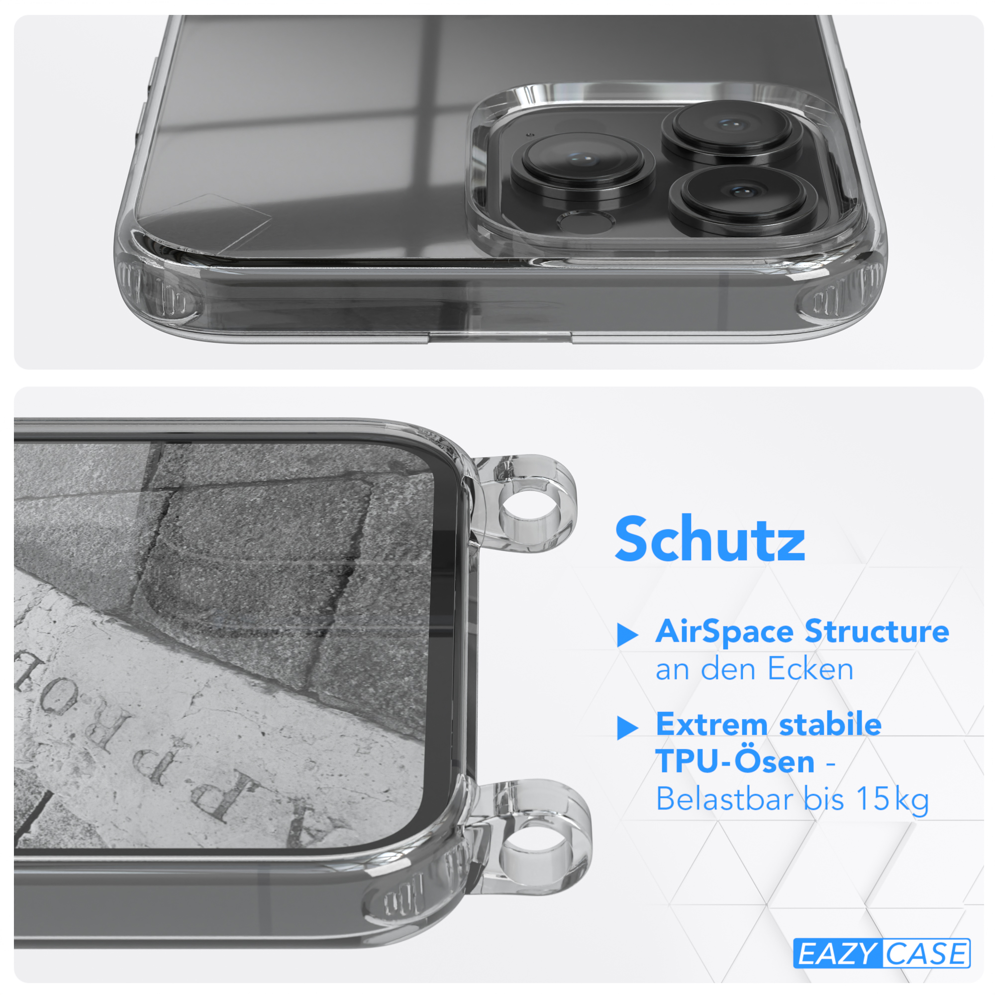 Transparente Handyhülle, Nahaufnahme, Ecken mit Schutzmerkmalen.