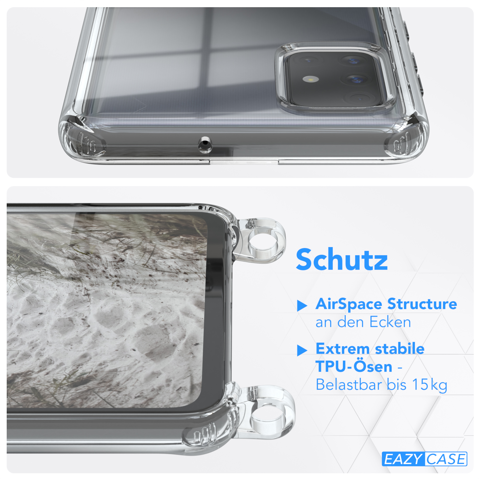 EAZY CASE Clear Cover mit Taupe Beige A71, Umhängetasche, Umhängeband, Galaxy Samsung