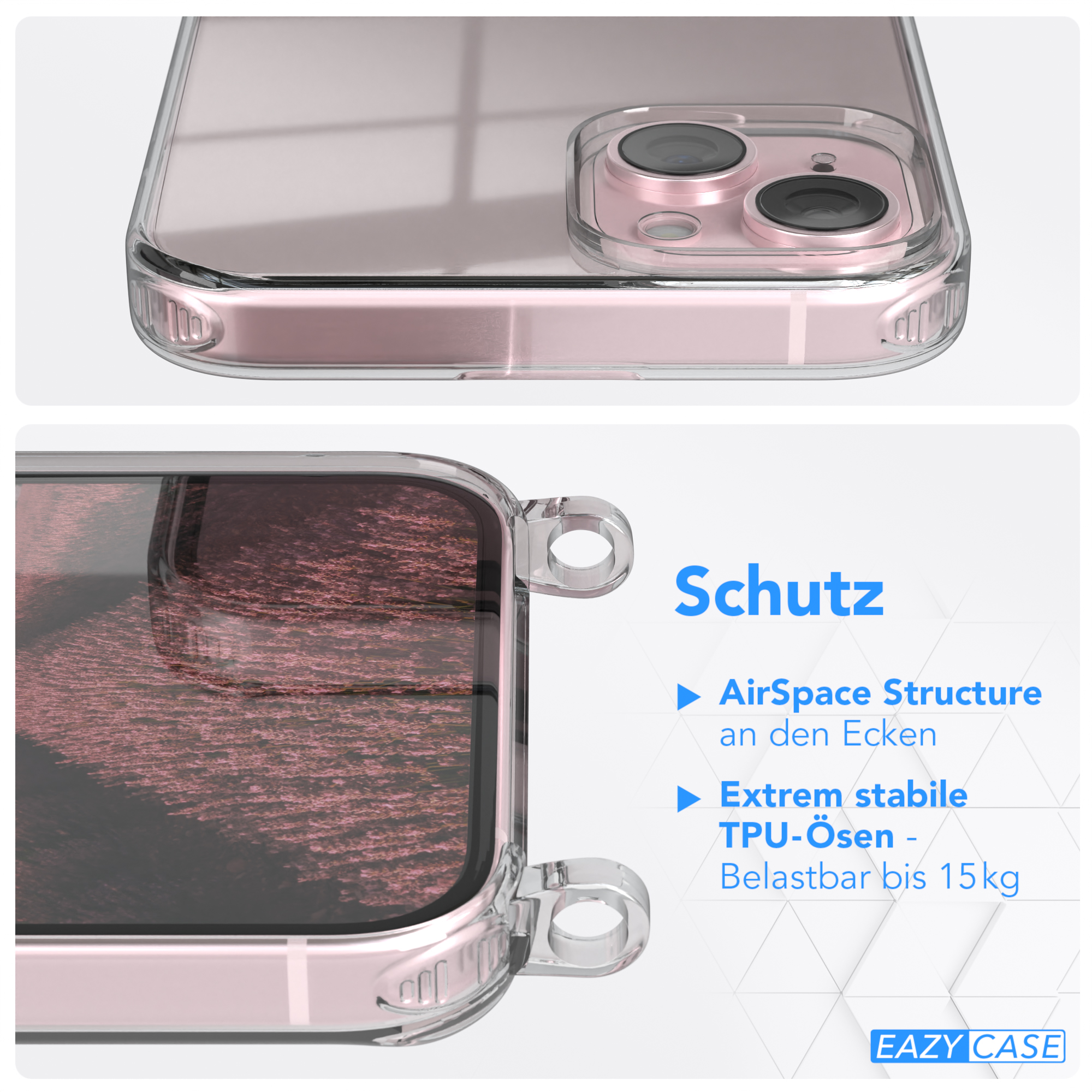 EAZY CASE Clear Apple, 15 Uni iPhone Umhängetasche, Cover Plus, Umhängeband, mit Altrosa