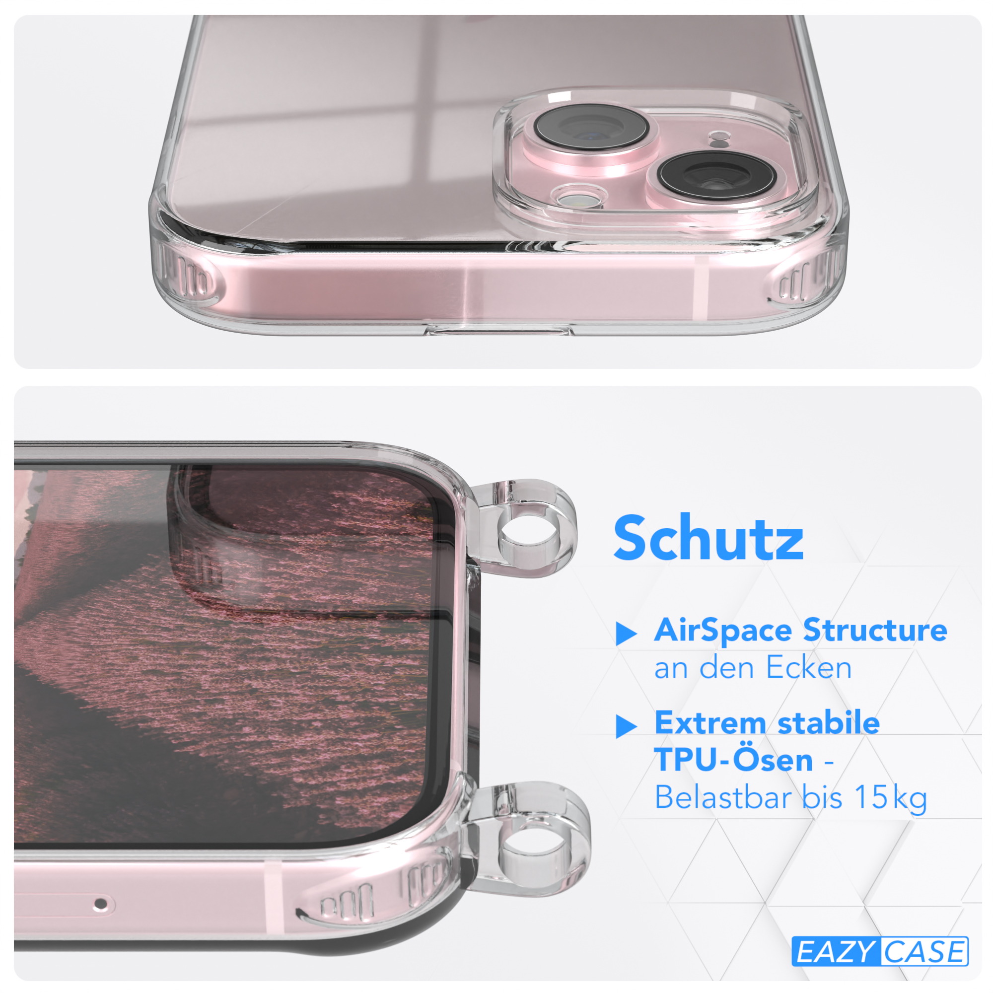 EAZY CASE Clear Silber Umhängeband, Umhängetasche, mit Rosé 15, Clips / iPhone Cover Apple